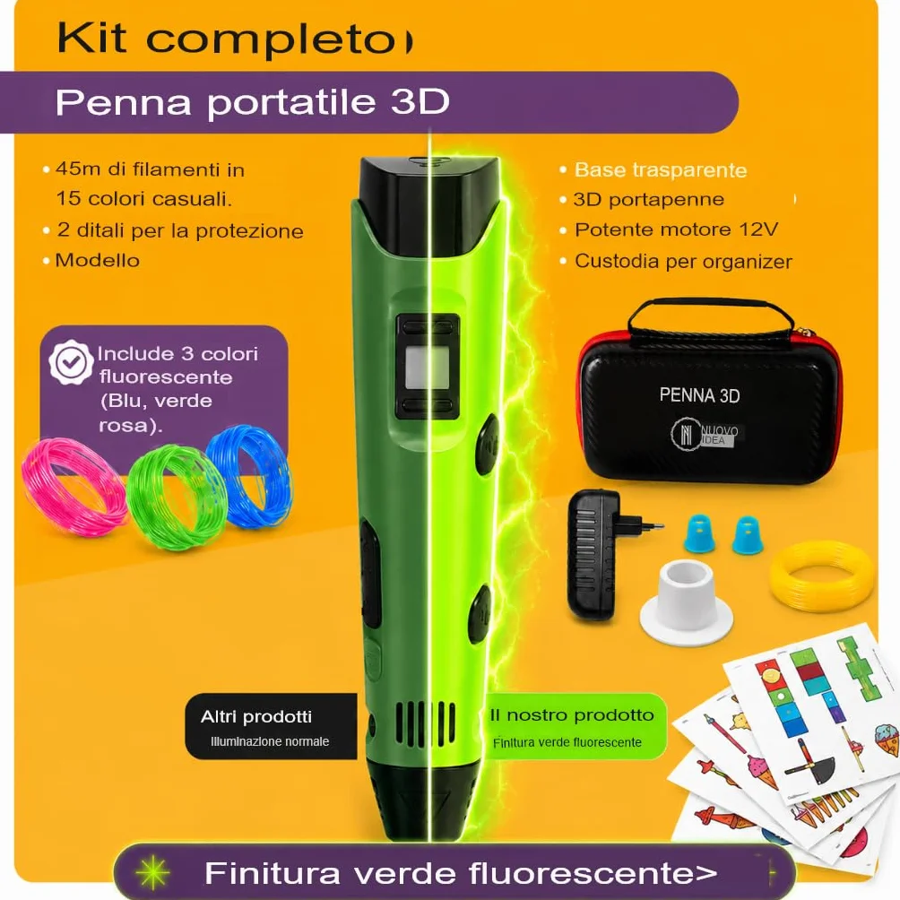 Penna 3D con filamento PLA, display LCD, temperatura e velocità regolabili, borsa per trasporto
