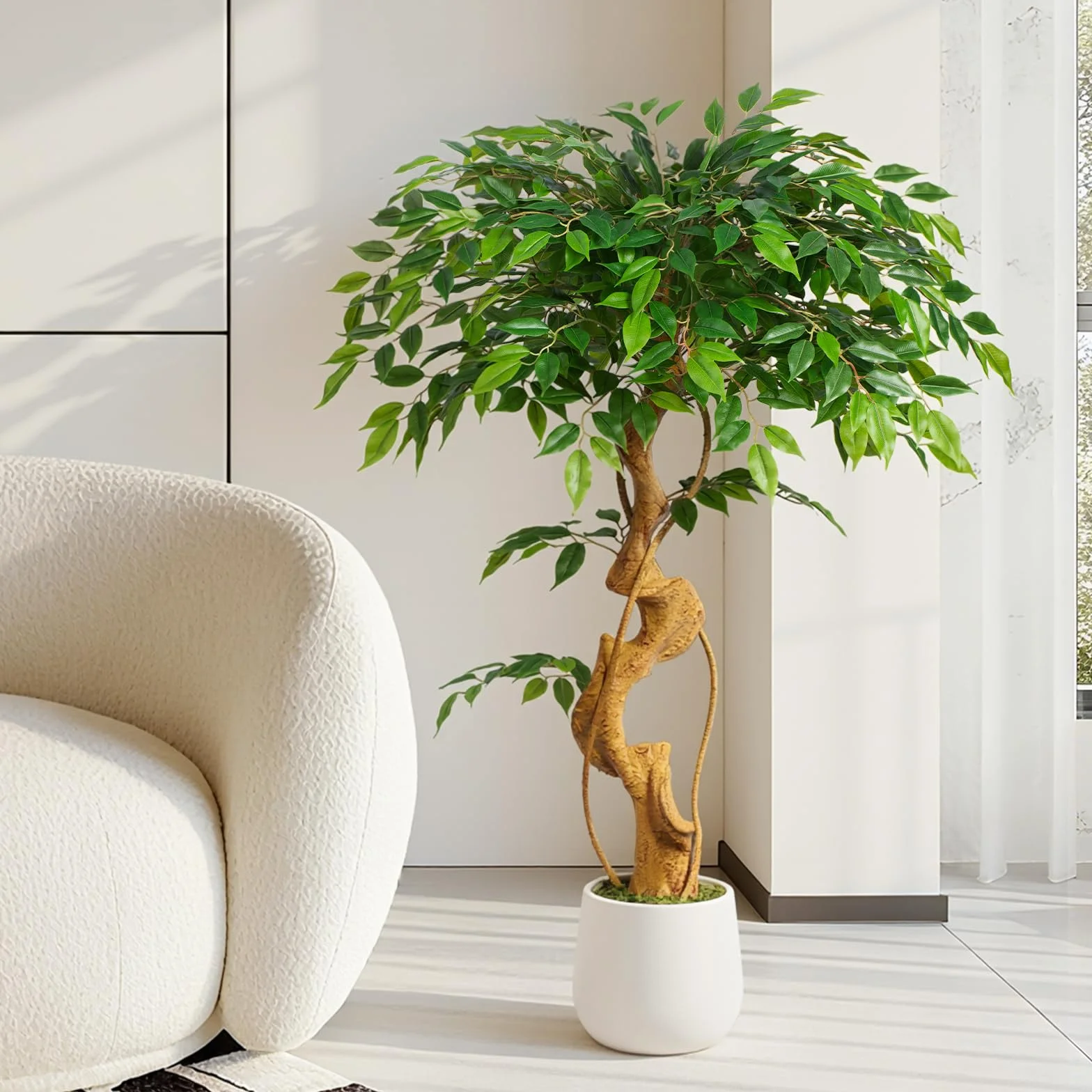 Pianta artificiale, albero di ficus, 120 cm, con vaso bianco, grande come reale, con tronco curvo e 930 foglie, albero artificiale per decorazione di interni, soggiorno, camera da letto