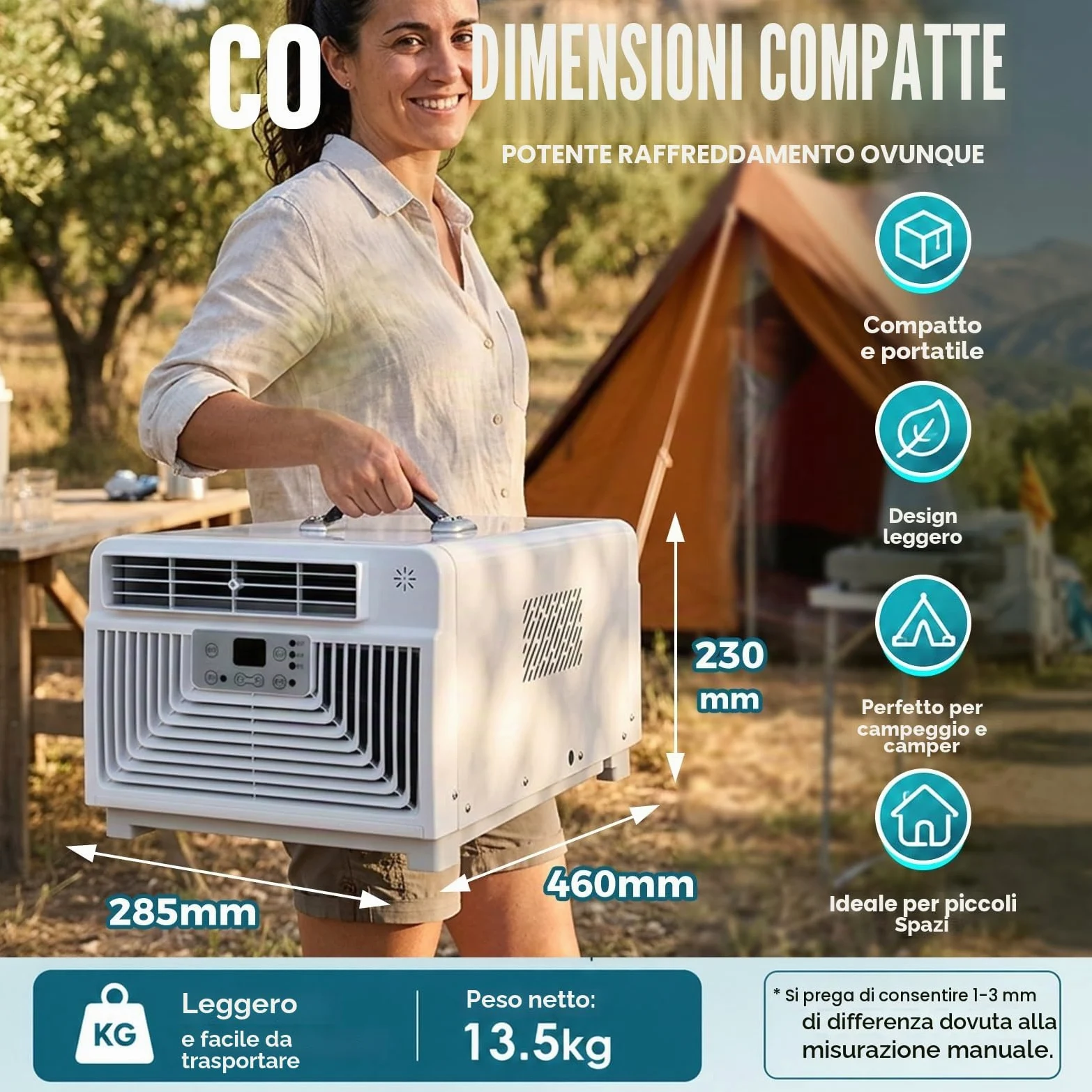Mini Condizionatore Portatile con Vero Compressore, Climatizzatore da Campeggio 2700 BTU, 3-in-1 Raffreddatore Silenzioso 45dB per tendas, Camper, Va-ns e Avventure all'Aperto