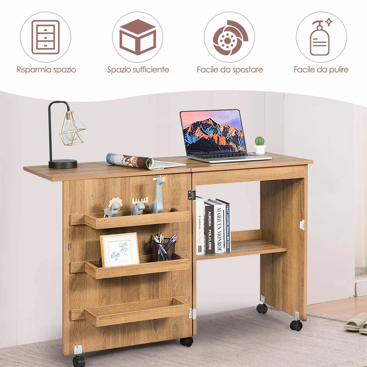 GOPLUS Mobiletto Cucito Pieghevole con Mensole e 5 Ruote Armadietto per Cucito Tavolo Allungabile per Macchina da Cucire 117x77x40 cm (Legno)