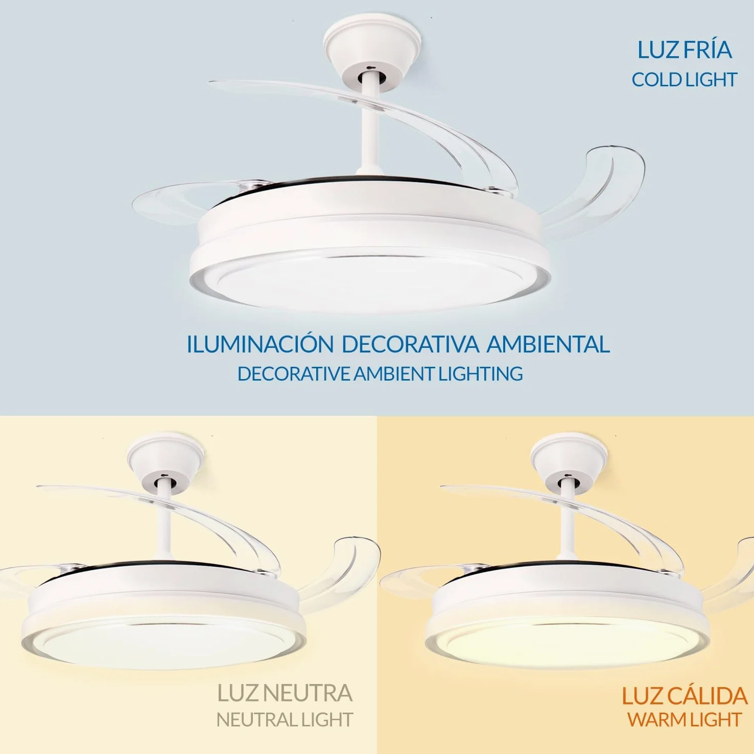 M mimotec -Ventilatore da Soffitto White Hood 70W con Luce LED Regolabile CCT, Motore DC 30W a Basso Consumo + LED 40W, 6 Velocità, Silenzioso, 4 Pale Retrattili, Estate/Inverno, Timer, Telecomando