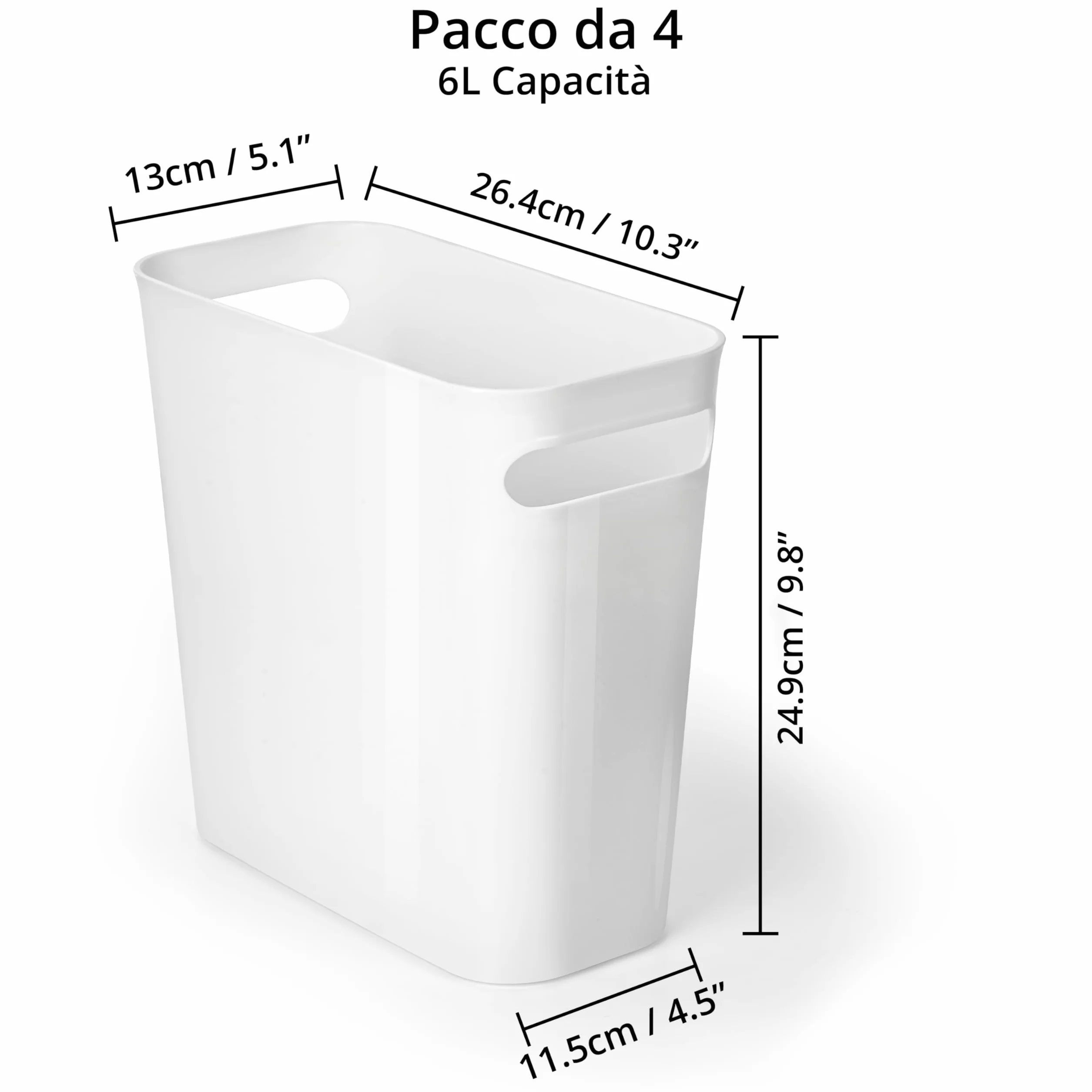 Bidone Pattumiera Bianco 6 l 4 Pezzi - Cestino Piccolo Plastica con Maniglie Integrate per Bagno, Cucina