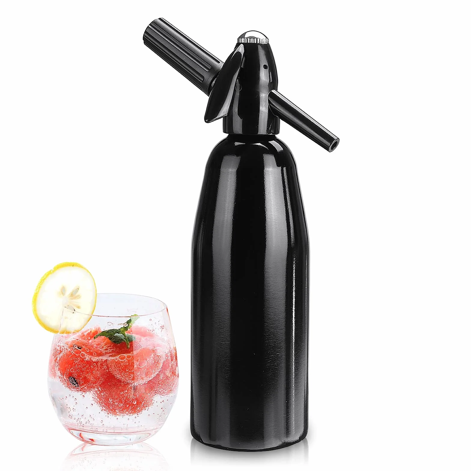 Sifone portatile per soda da 1 litro, in alluminio, per acqua gassata fai da te, kit di bottiglie per acqua frizzante nostalgica per rinfrescare seltzer, cocktail, succhi e bevande gassate (nero)