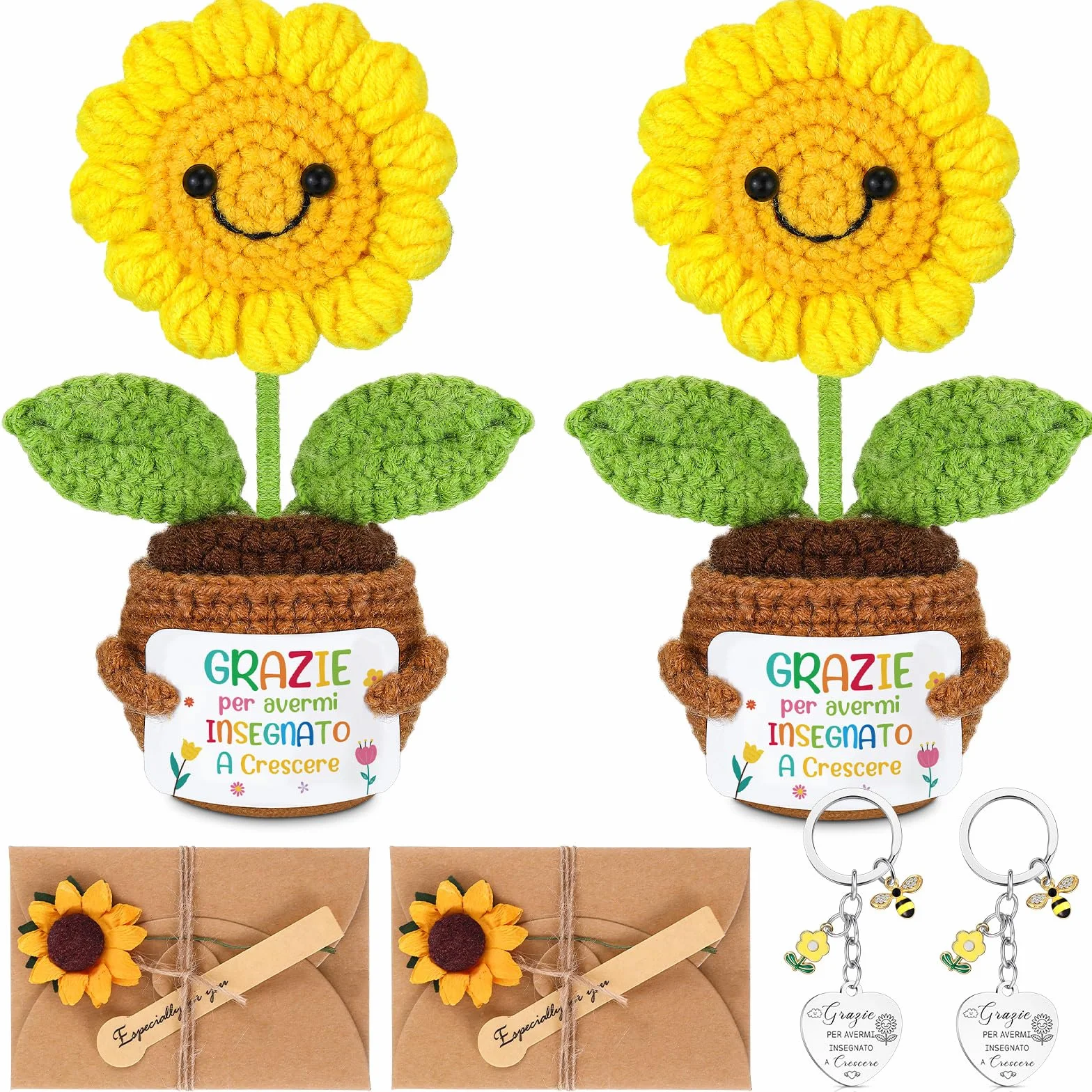 Zomiboo 2 Set Regali di Apprezzamento per Insegnanti Geazie per Avermi Insegnato a Crescere Bambola Girasole Positiva Portachiavi Maestra Biglietti di Auguri con Fiori Secchi Regalo Maestre Asilo