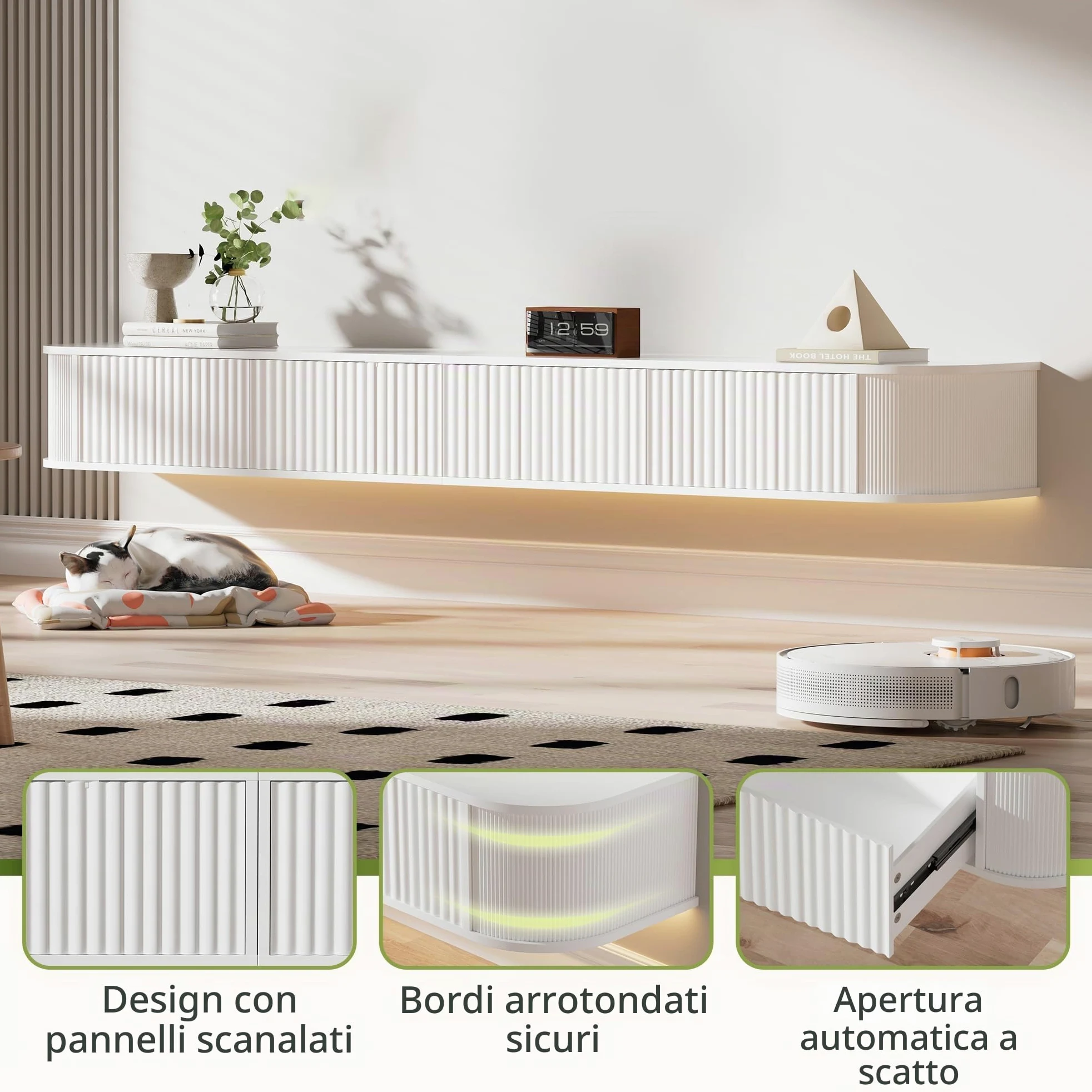 Mobile TV Sospeso con Luce LED – Mobile TV a Parete da 140CM con Archiviazione Migliorata & Bordi Arrotondati, Consolle Multimediale TV Moderna per TV da 65-75 Pollici