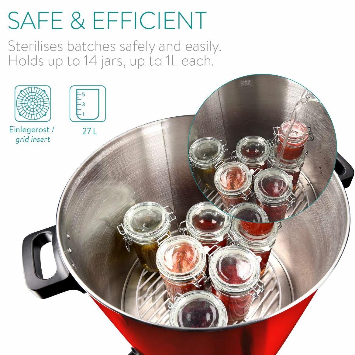 Navaris Macchina per conserva elettrica 1800W - Pentola conserve 27l con rubinetto - Bollitore distributore bevande calde in acciaio inox - rosso