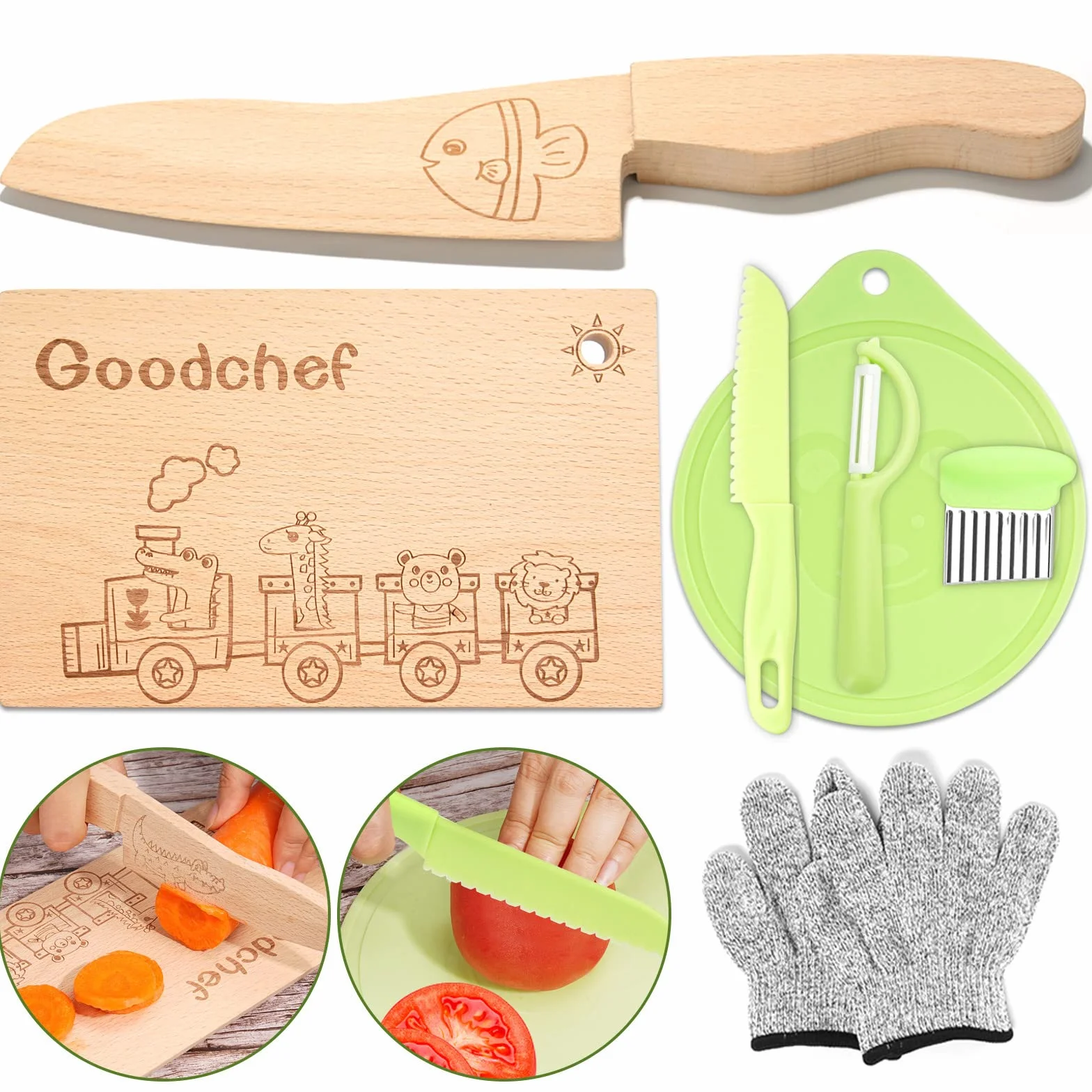 Set di 7 coltelli da cucina per bambini per tagliare e cucinare frutta o verdura, con coltello in legno, tagliere, pelapatate, piccolo tagliere per bambini