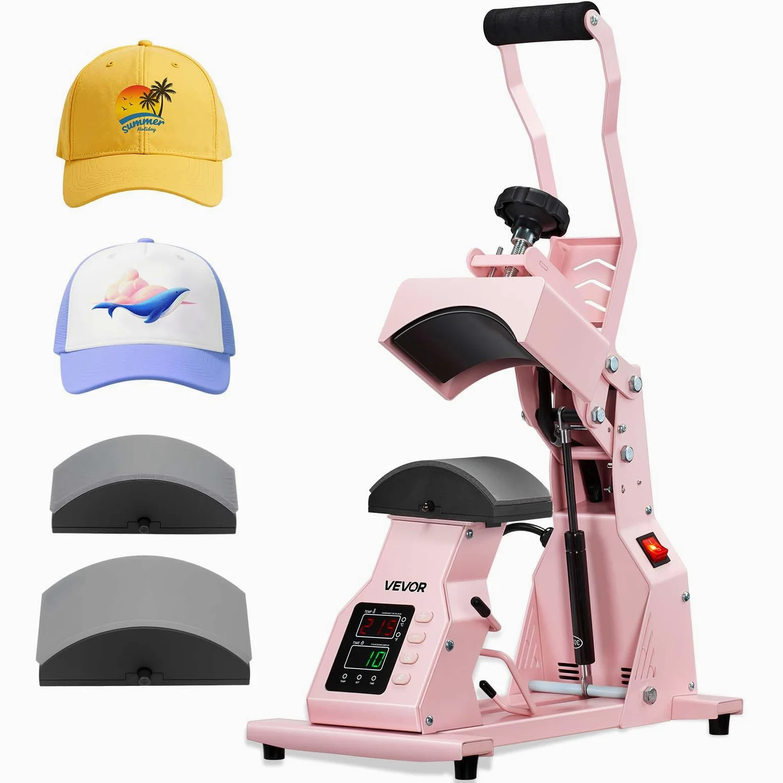 VEVOR Pressa a Caldo per Cappelli con 2 Piastre Intercambiabili, Macchina per Pressatura a Caldo per Cappelli con Controllo della Temperatura e del Tempo, per Cappellini, Fasce, Mascherine, Rosa