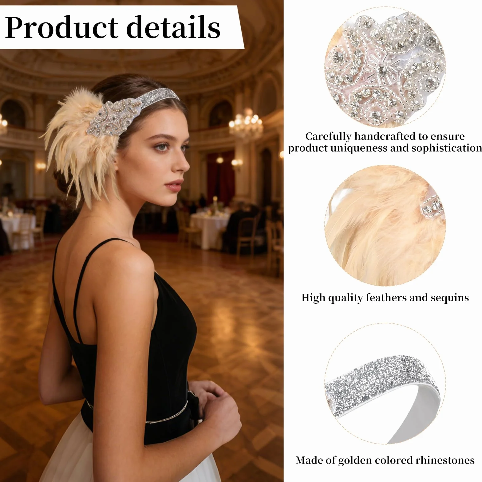 Fascia per Capelli Anni '20 Donna Accessori Gatsby con Piume Paillettes Costume Flapper 1920s