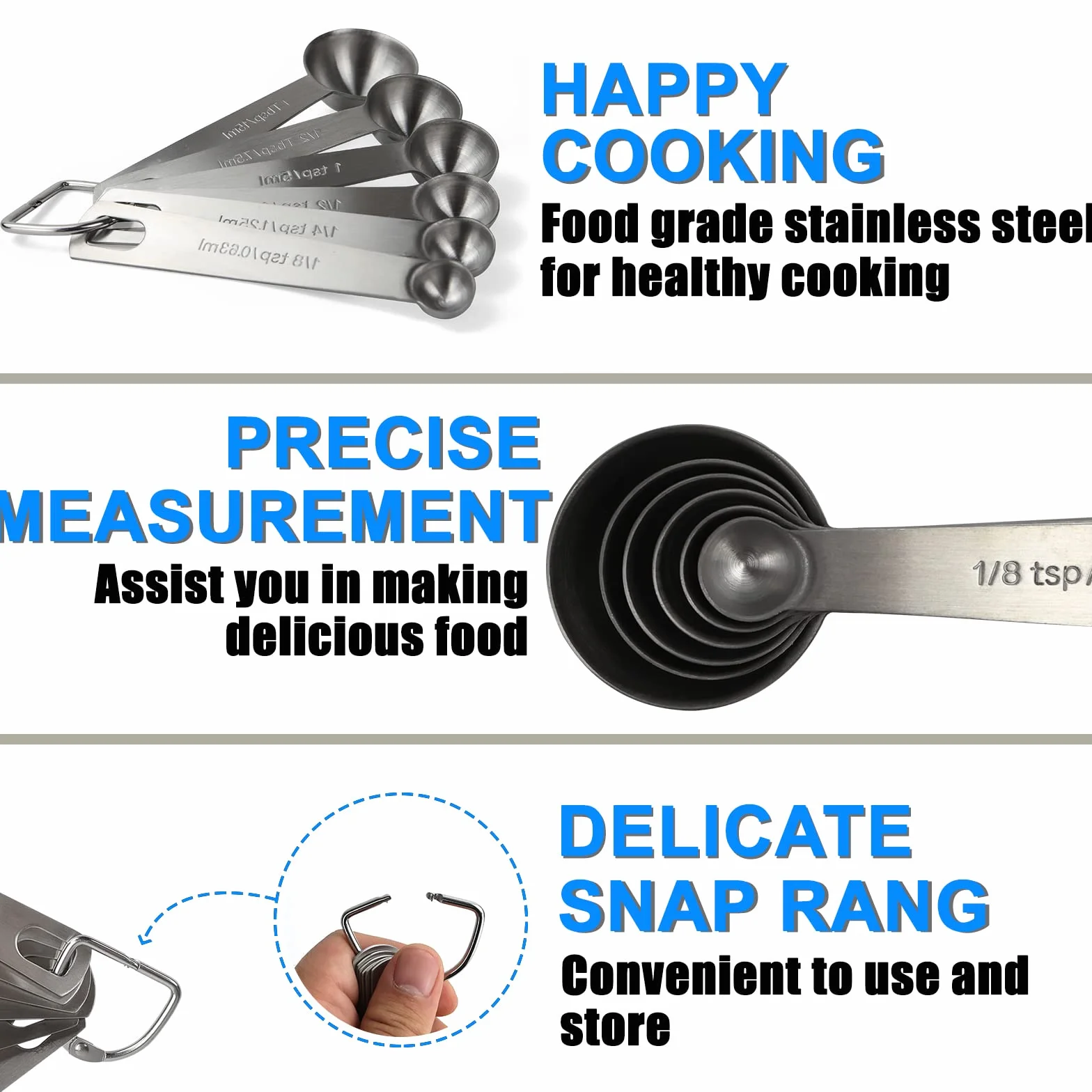 Set di 6 cucchiai dosatori in acciaio inox 18/8, resistenti, con unità di misura metrica e statunitense, per ingredienti secchi e liquidi, idea regalo