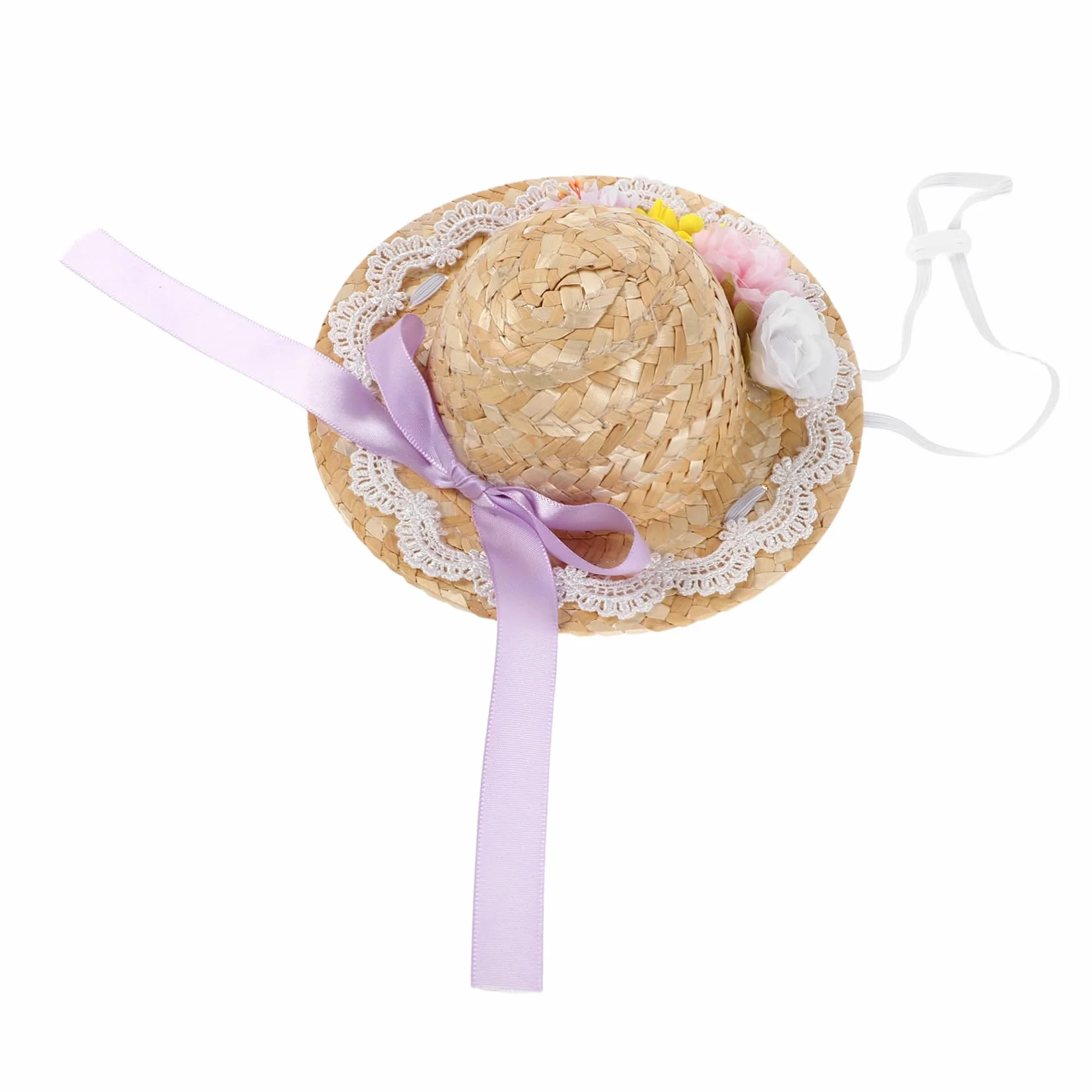 Mini Cappello di Paglia con Fiocco Viola per Bambole, Piccolo Cappello Artigianale Estivo in Paglia per Decorazioni Fai-da-te e Collezionisti, Accessorio Creativo per Feste