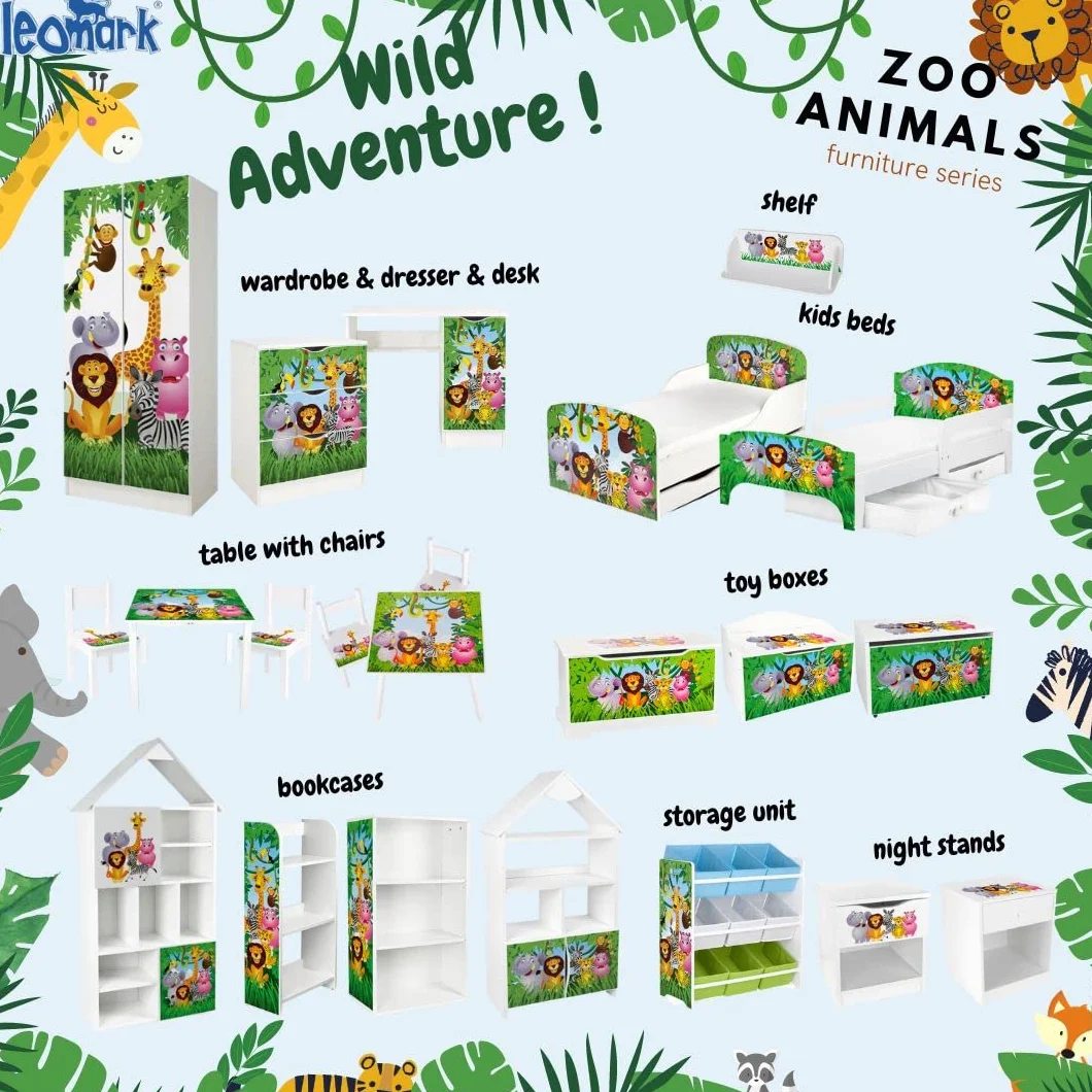 Leomark Letto per Bambini in Legno 140x70 cm SMART con Cassetto, Materasso e Telaio, Stampa Animali Selvaggi