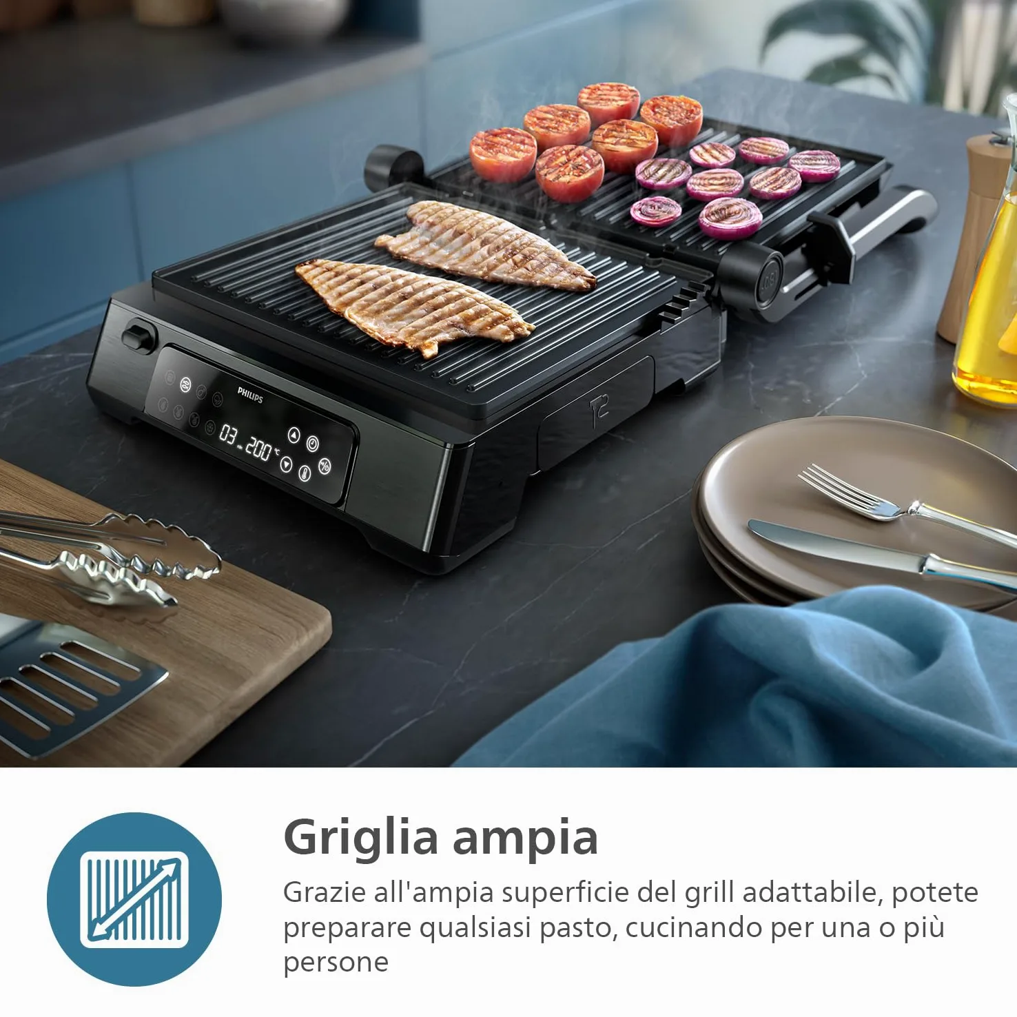 Philips Contact Grill - Sensore di Temperatura e 8 Funzioni Preimpostate grill con griglia ampia. Controllo Digitale della Temperatura. Facile da Pulire (HD6307/70)