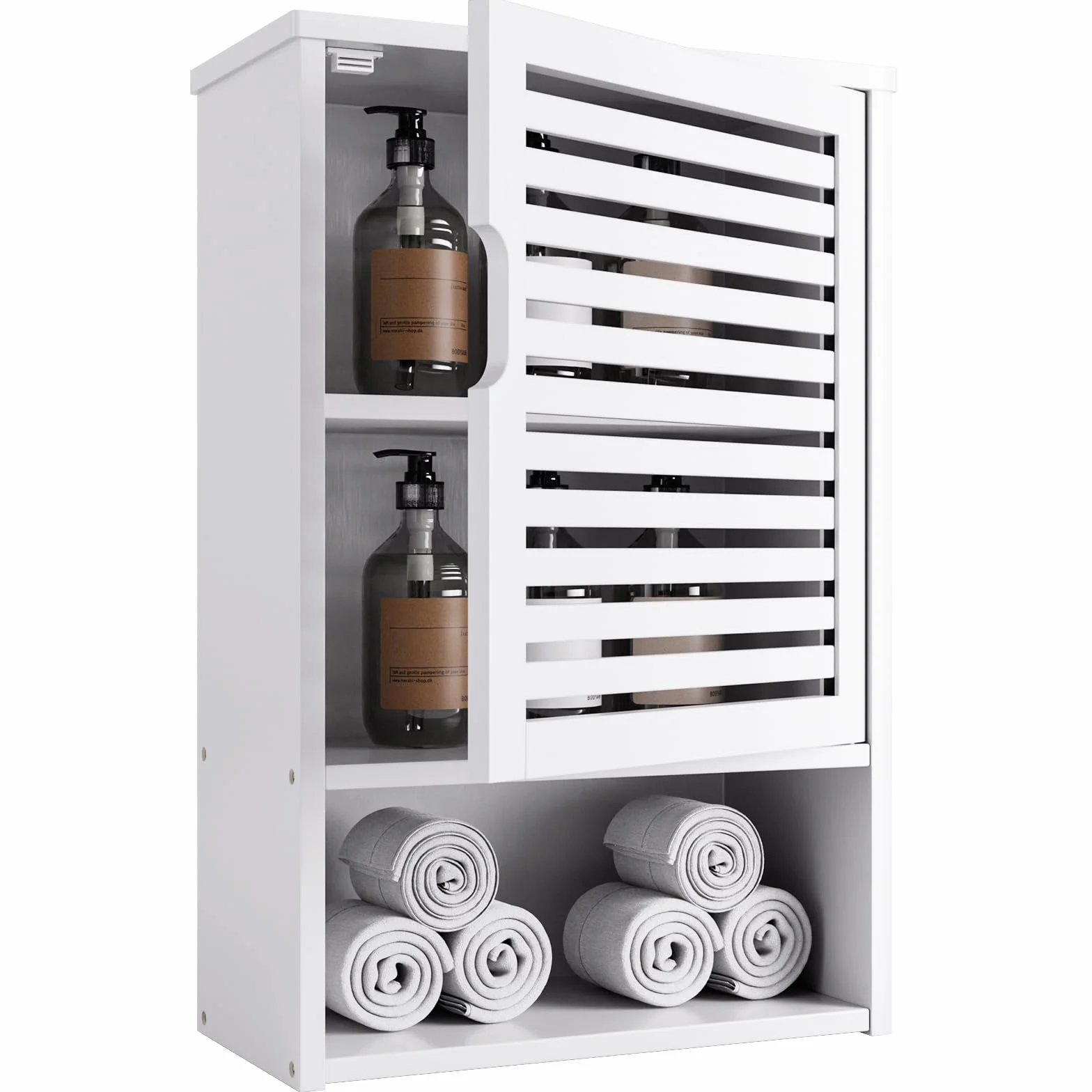 HITNET Pensile Bagno Sospeso, Armadietto Bagno da Parete, Mobiletto Medicinali da Bagno in Bambù, con Porta e Ripiano Regolabile, Bianco