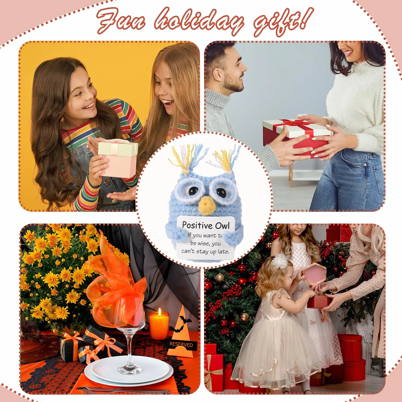 lasuroa Divertente Gufo Positivo All'Uncinetto, 7cm Simpatici Mini Bambola Lavorata a Maglia con Carta di Affermazione Ispiratrice Regalo di Incoraggiamento per Compleanno Bambini Feste Decorazioni