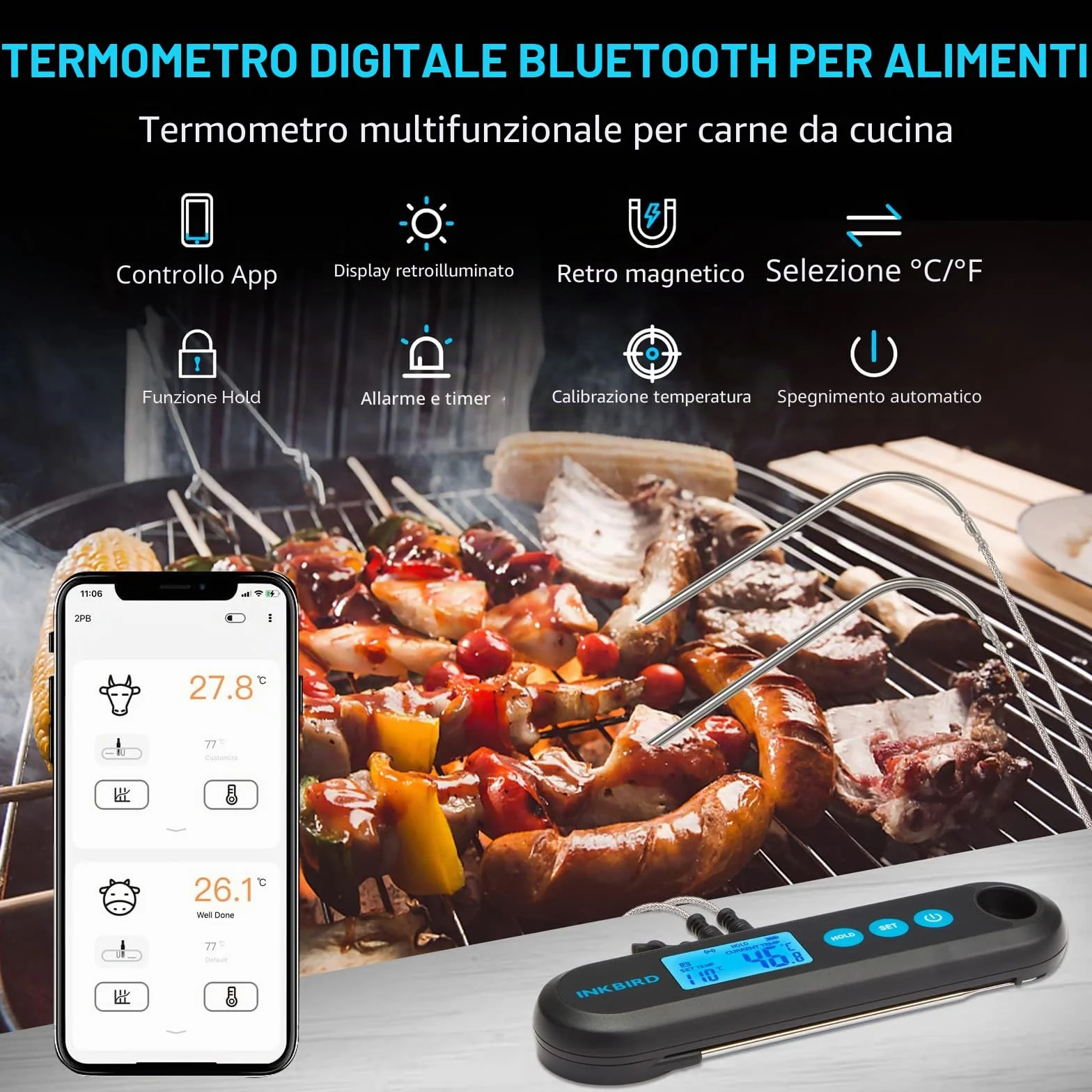 INKBIRD Termometro Cucina Digitale Bluetooth Barbecue con 2 Sonde Acciaio Inossidabile IHT-2PB