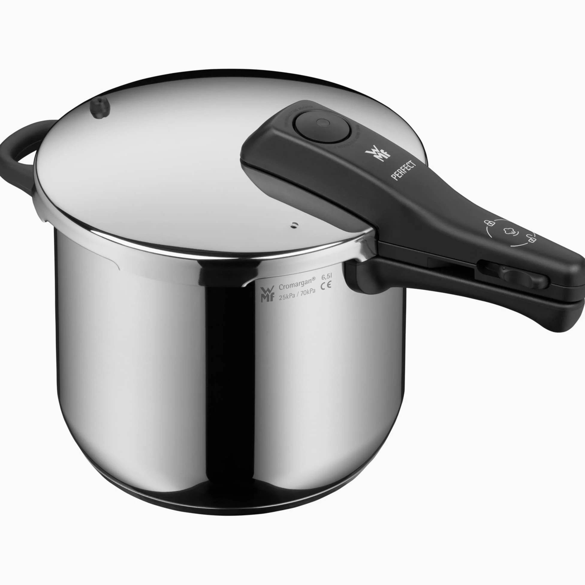 WMF Perfect - Pentola a pressione a induzione, 6,5 l, grande segnale di cottura, 2 livelli di cottura, manico con coperchio rimovibile, acciaio INOX Cromargan