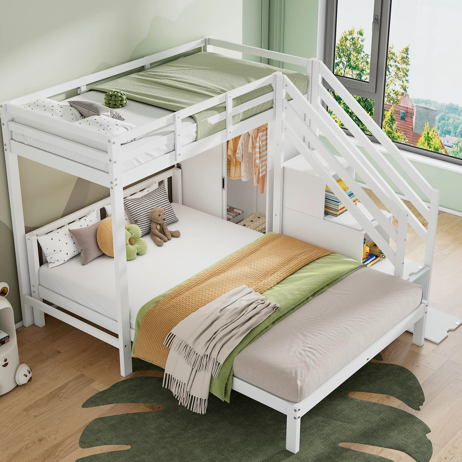 Letto a castello con guardaroba, letto a castello per bambini, 90 x 200 cm + 140 x 200 cm, multifunzione, con scaletta, grande spazio di archiviazione, senza materasso, bianco