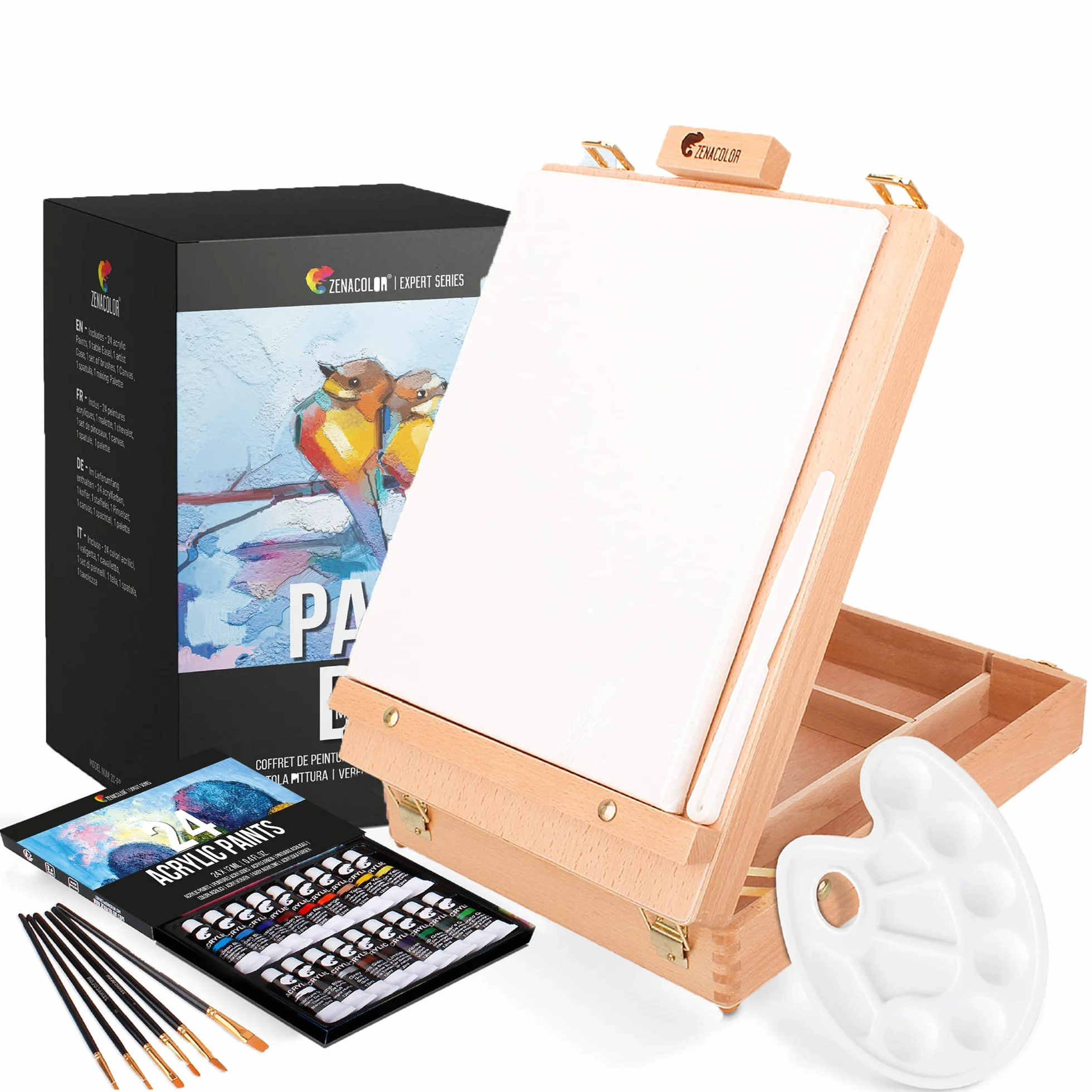 Cavalletto Pittura da Tavolo in Legno di Faggio con Set di 34 Pezzi – 24 Colori Acrilici, 6 Pennelli, Tela 24x30cm, Spatola e Tavolozza per Pittura – Kit Completo per Artisti