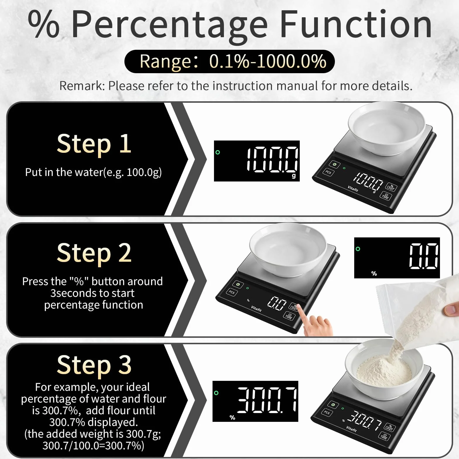 Vitafit 5kg Bilancia Cucina Digitale, Precisione 0.1g dalla Nostra Bilancia Fabbrica Professionale Dal 2001, Bilancia Alimentare Funzione Percentuale per cucinare & caffè, Acciaio Inox, LED, Nero
