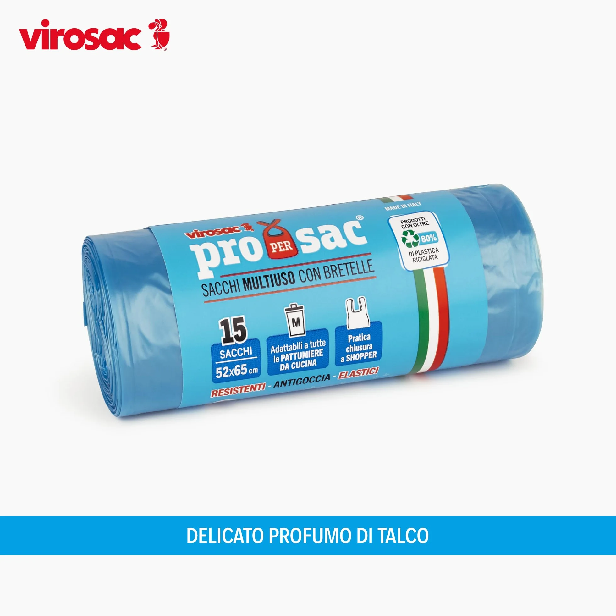 Virosac - Proxsac - Sacchetti profumati a forma di shopper 52x65, 15 pezzi per rotolo, al profumo di talco