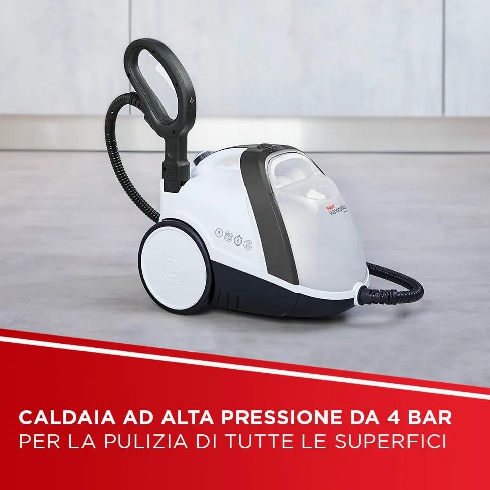 Polti Vaporetto Smart 120, Pulitore A Vapore con Caldaia, Pressione 4 Bar, Potenza Max 1500 W, Serbatoio Estraibile 2 L, Riscaldamento in 2 Minuti, 14 Accessori inclusi, Bianco e Nero