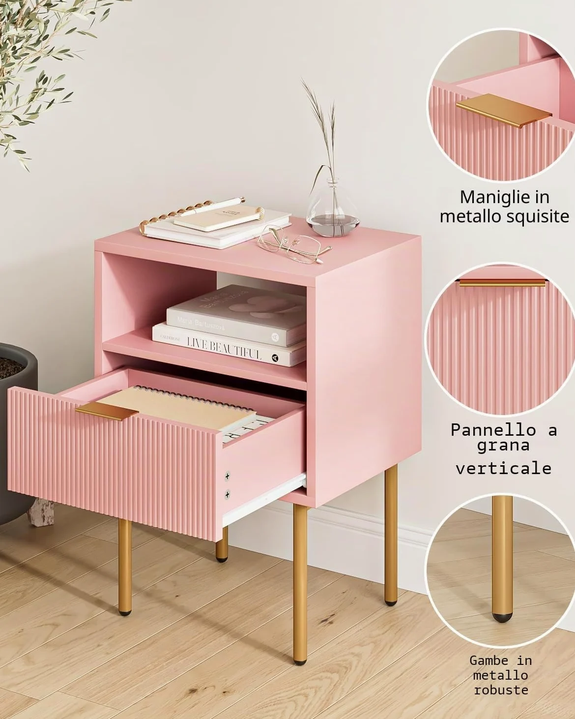 HEYZOEY Comodino, comodino con 1 ripiani aperti e 1 cassetto, comodino moderno, per camera da letto, soggiorno, rosa