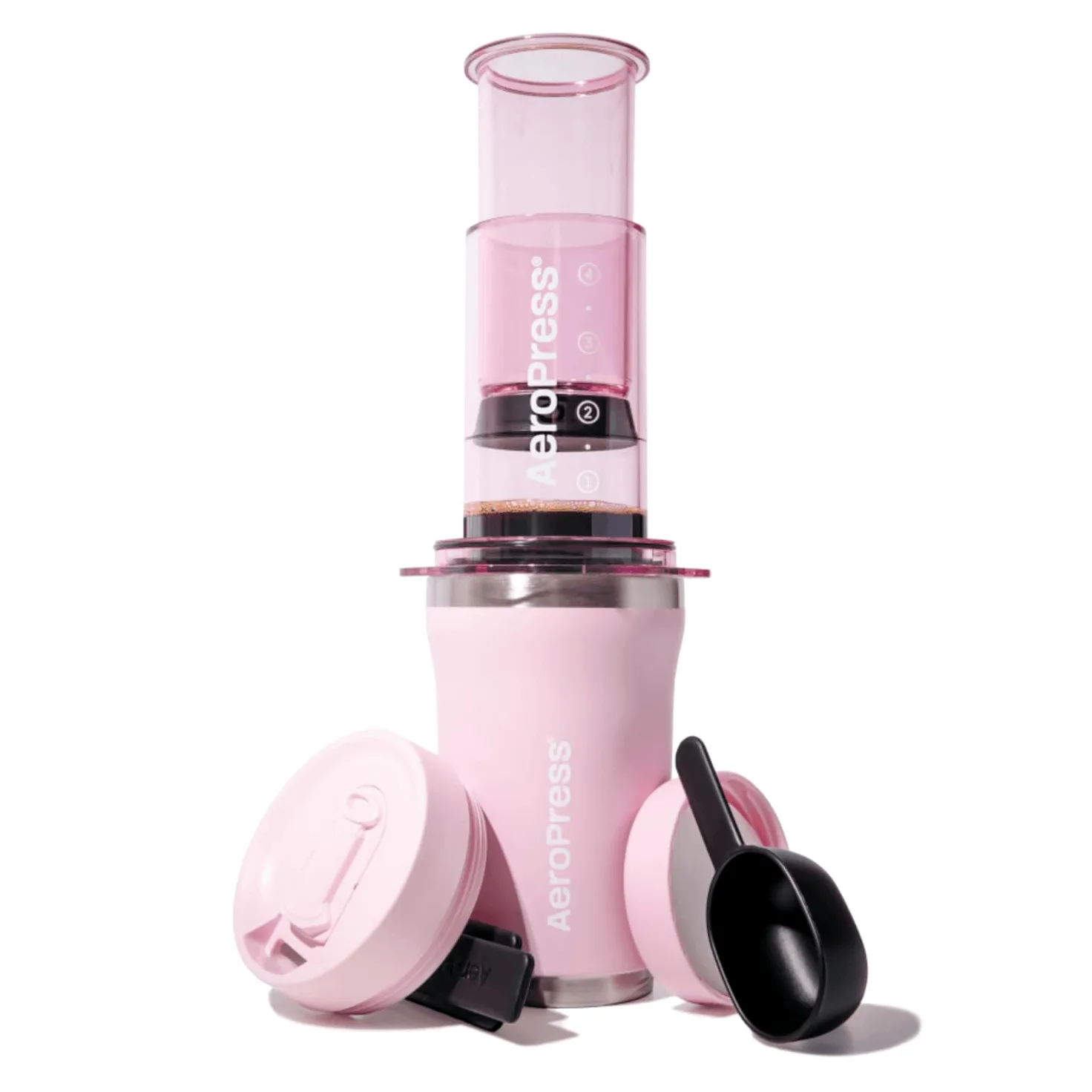 AeroPress Go Plus, piccola caffettiera portatile per viaggi e campeggio – Metodo di preparazione 3-in-1 combina pressa francese, versato, espresso, caffè corposo senza amaro (Rosa)
