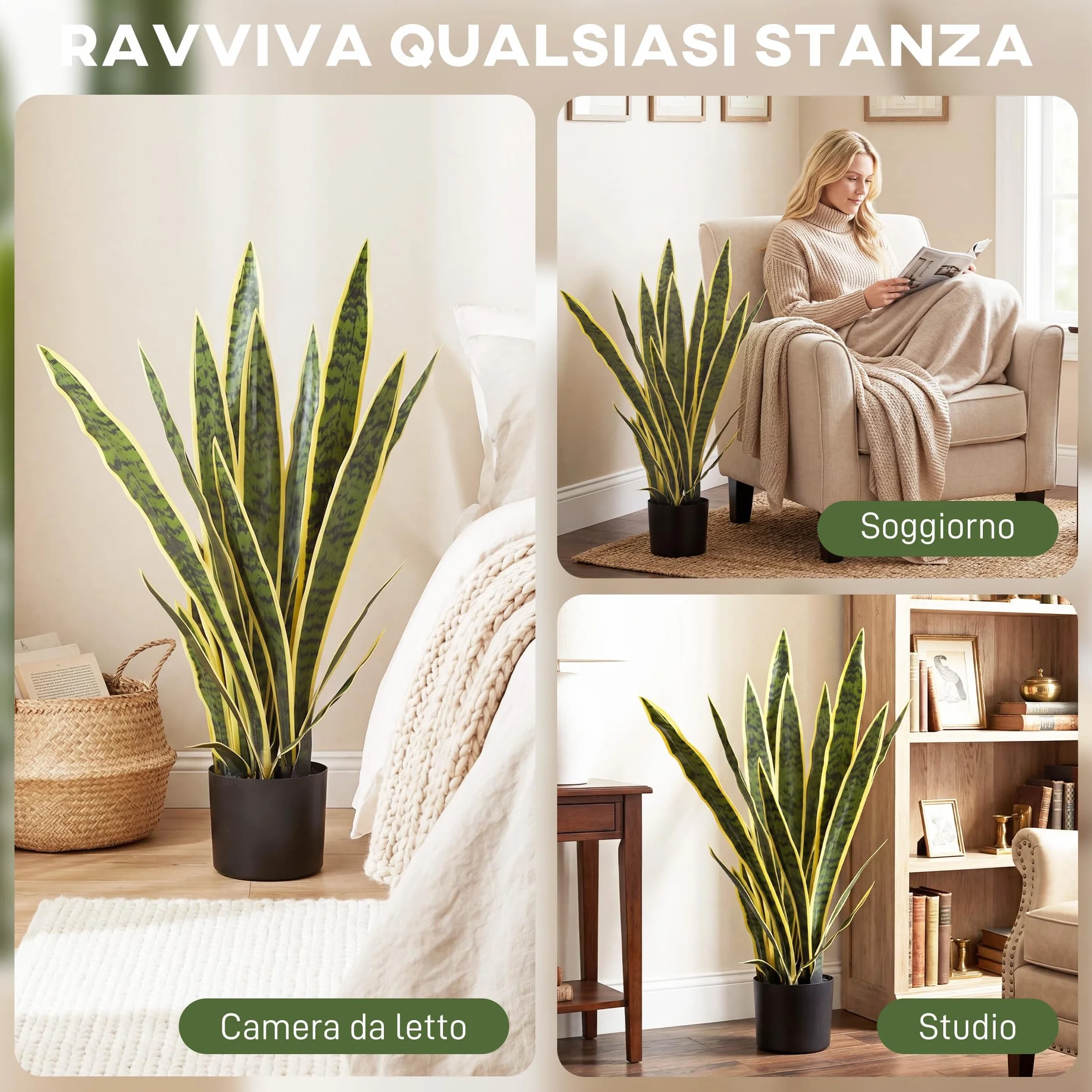 Outsunny Sanseveria Artificiale in Vaso, Pianta Finta da Esterno e Interno con 21 Foglie Modellabili, per Interno ed Esterno, Giardino, Ufficio, Soggiorno, Ø15x77 cm