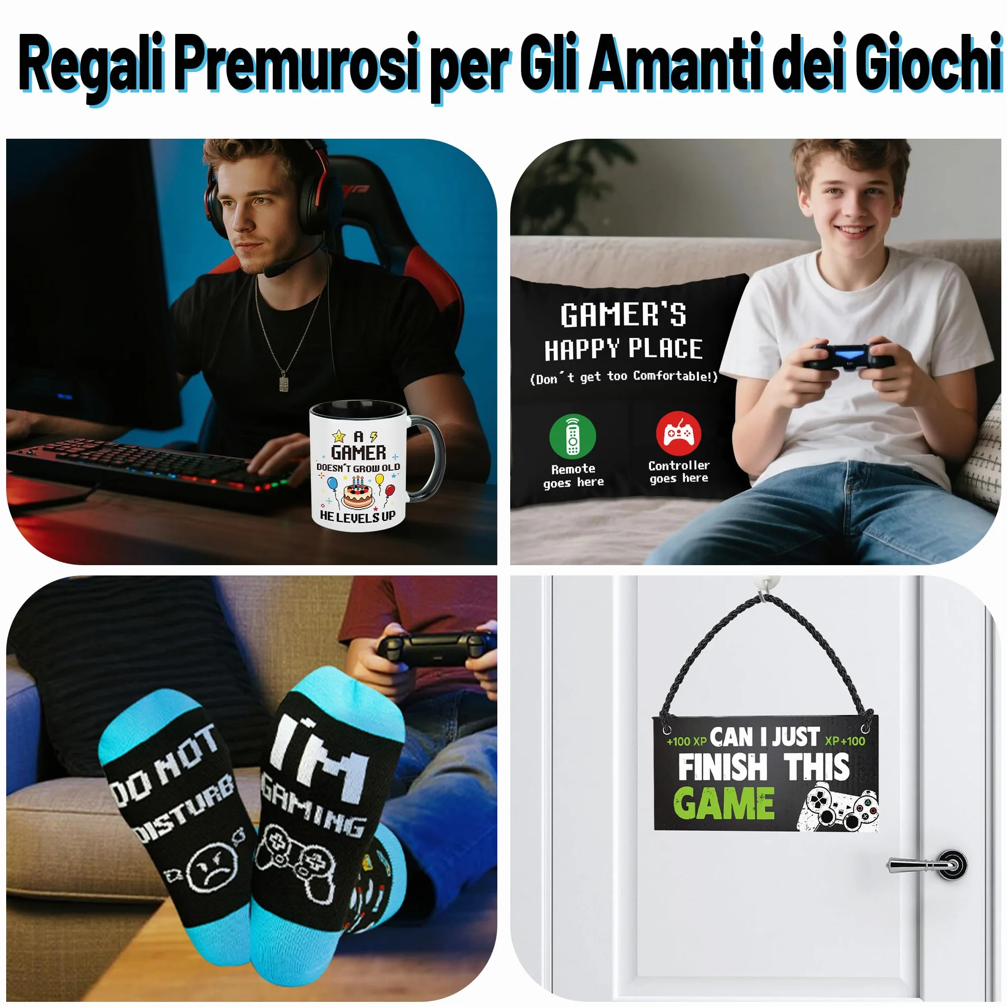 Regali per Gamer: Accessori e Decorazioni per Stanza di Gioco, Calze, Copri Cuscino, Tazza, Insegna da Porta