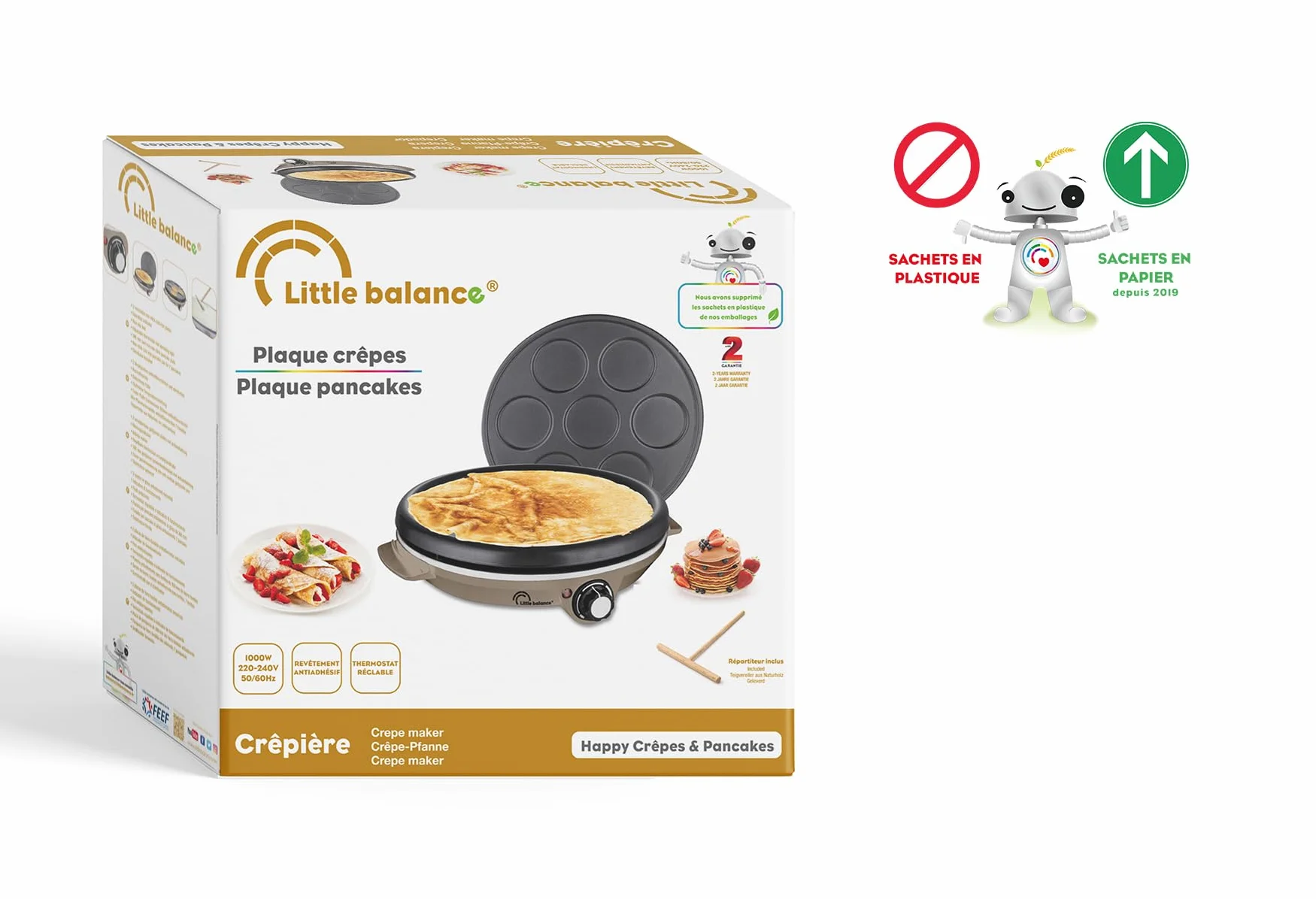 LITTLE BALANCE Crepiera Duo 2 in 1 Elettrica 1000W Piastre Rimovibili Antiaderenti Termostato Regolabile Noce Moscata