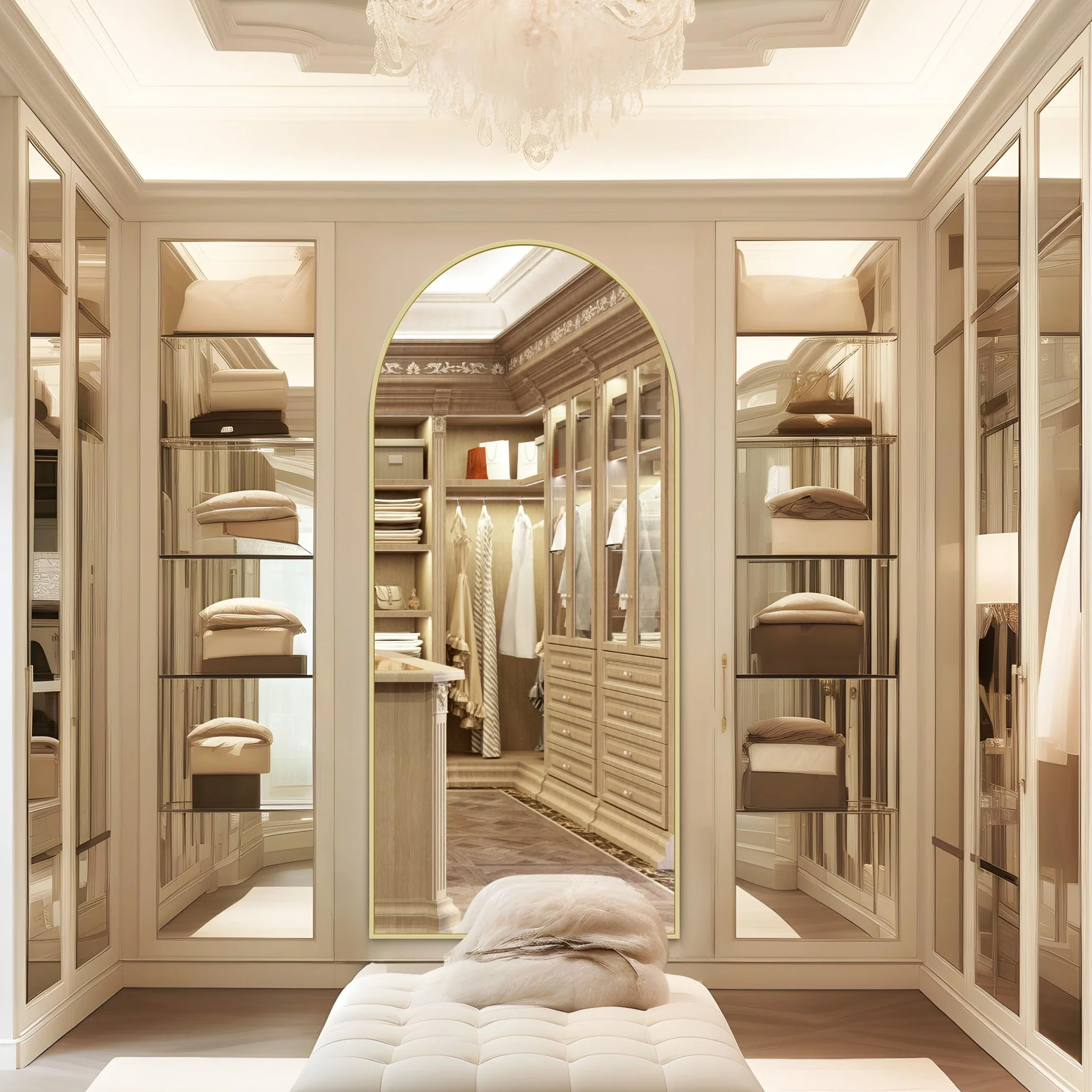 NASSYOU Specchio da Terra, 192 x 85 cm Specchio ad Arco con Cornice in Alluminio Oro per Bagno, Camera da Letto, Ingresso e Corridoio