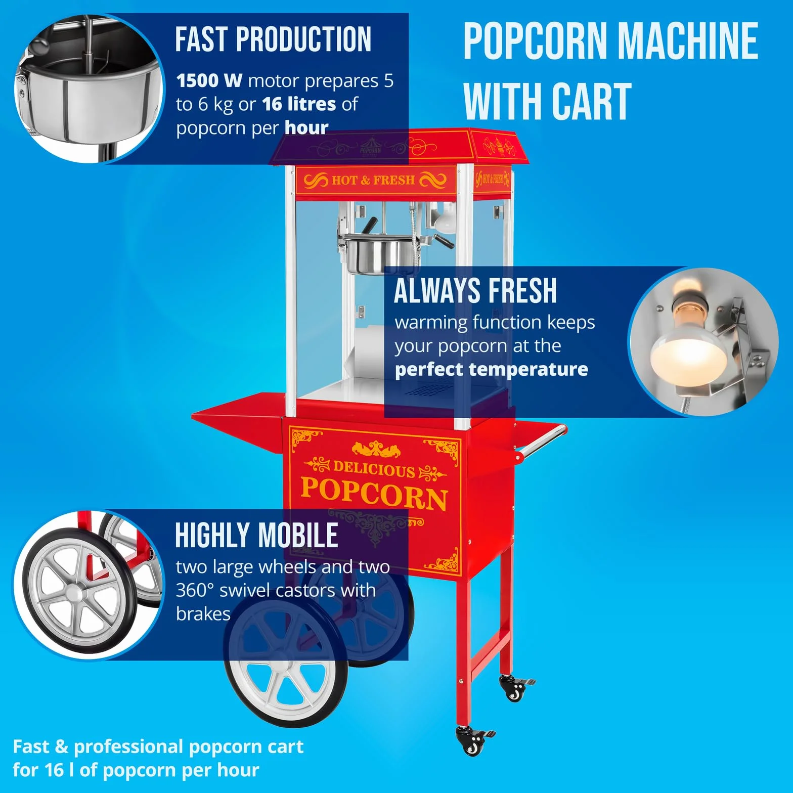 Royal Catering - Macchina per popcorn con carretto - 1500 W - rosso