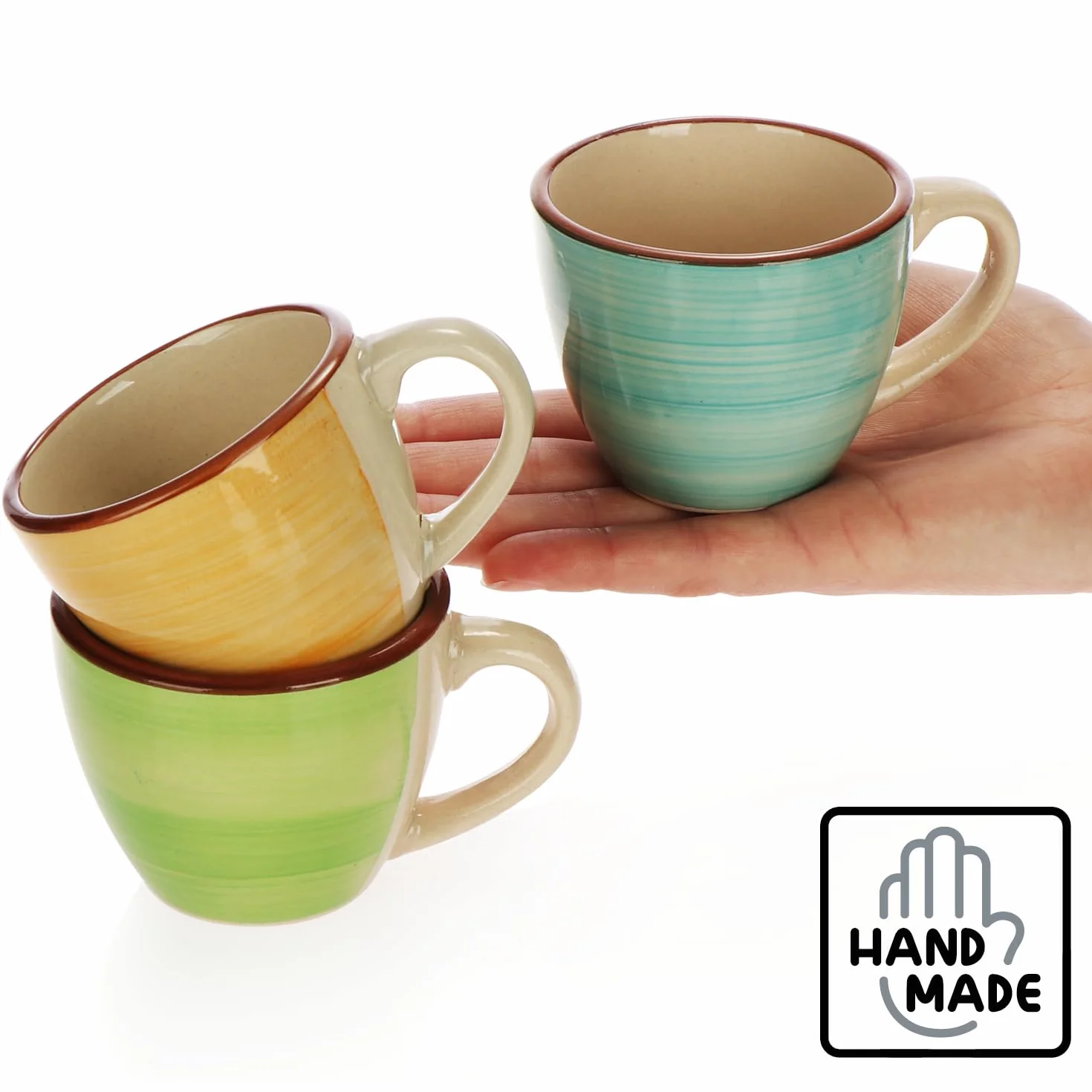 com-four® 6 tazzine da caffè espresso in ceramica fino a 125 ml - tazzine da moka colorate - tazzine da caffè piccole fatte a mano per espresso, moka (06 pezzi - verde/arancio/rosa/blu/giallo/grigio)