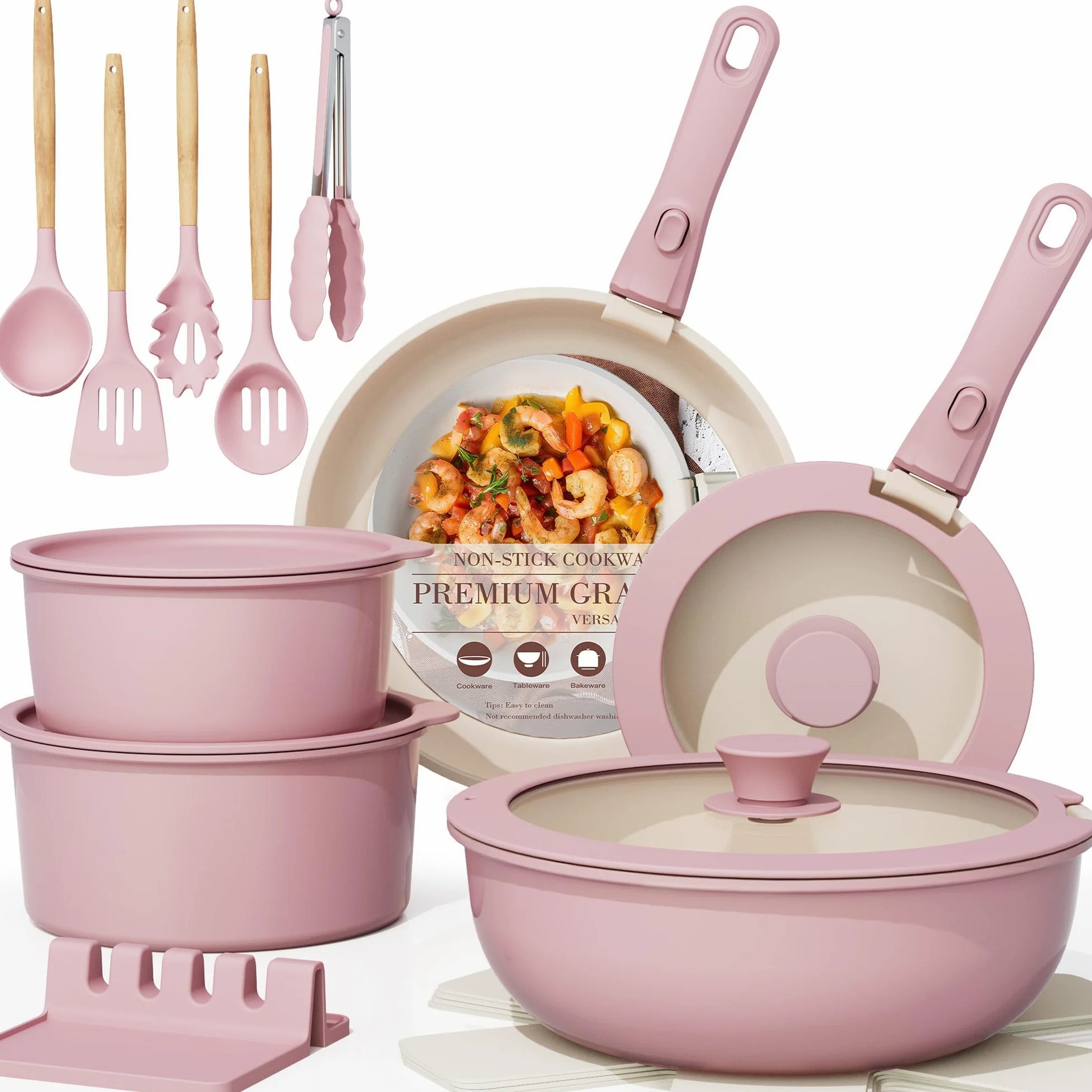 Astercook Set da 21 pentole e padelle antiaderenti, set di pentole in ceramica con manico staccabile, set da cucina per camper con manici rimovibili, adatto al forno, pronto per induzione, set
