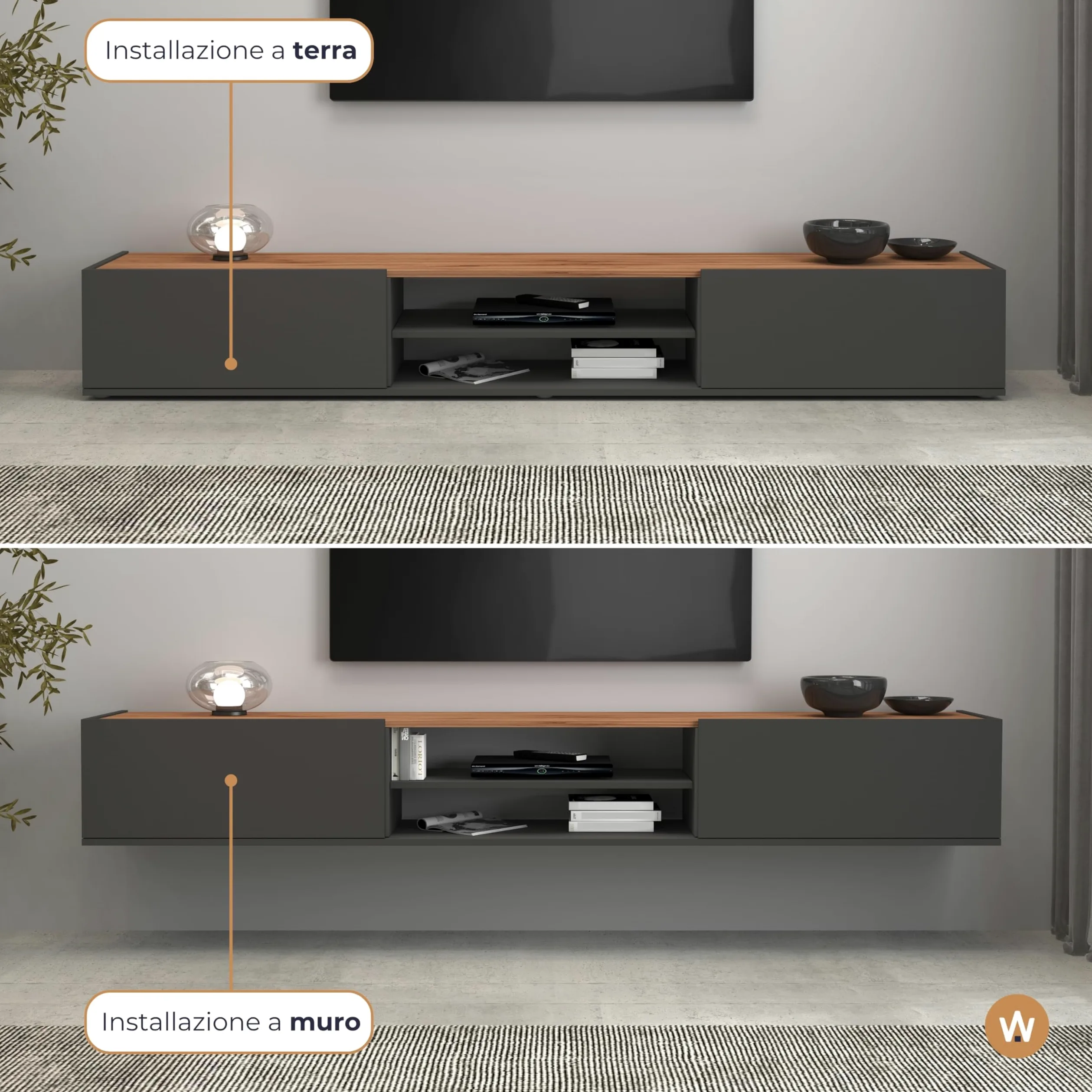 WHOUS Mobile Porta TV Sospeso GARDA per Soggiorno con 2 Ante a Ribalta e 1 Ripiano Centrale, Mobile Tv a Parete per Salotto, 210x35x30 cm, Antracite Opaco e Rovere