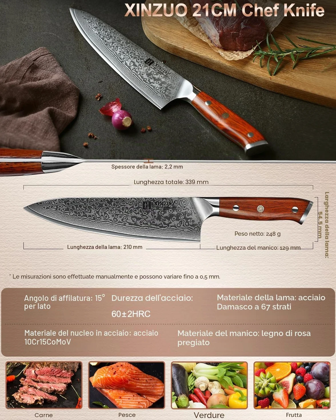 XINZUO Coltello da Chef 21cm Professionale Gyuto 10Cr15CoMoV Acciaio Damasco Manico Legno di Rosa