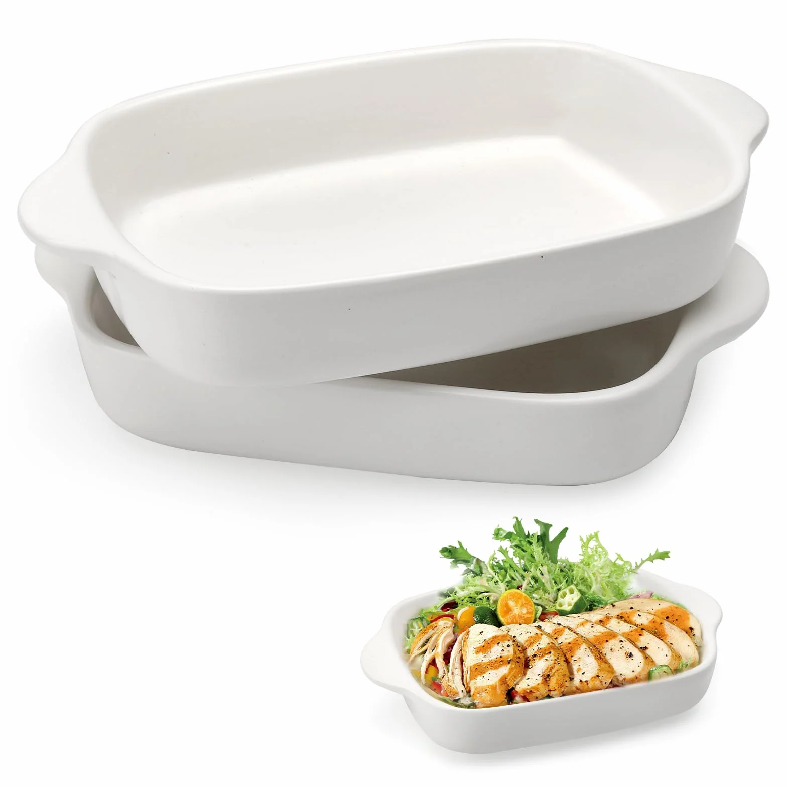 2 pirofile in ceramica, per lasagna, 23,2 x 14,2 x 4,5 cm, rettangolari, piccole pirofile, con manico, in ceramica, rettangolari, per lasagne, tiramisù e casseruola (bianco)