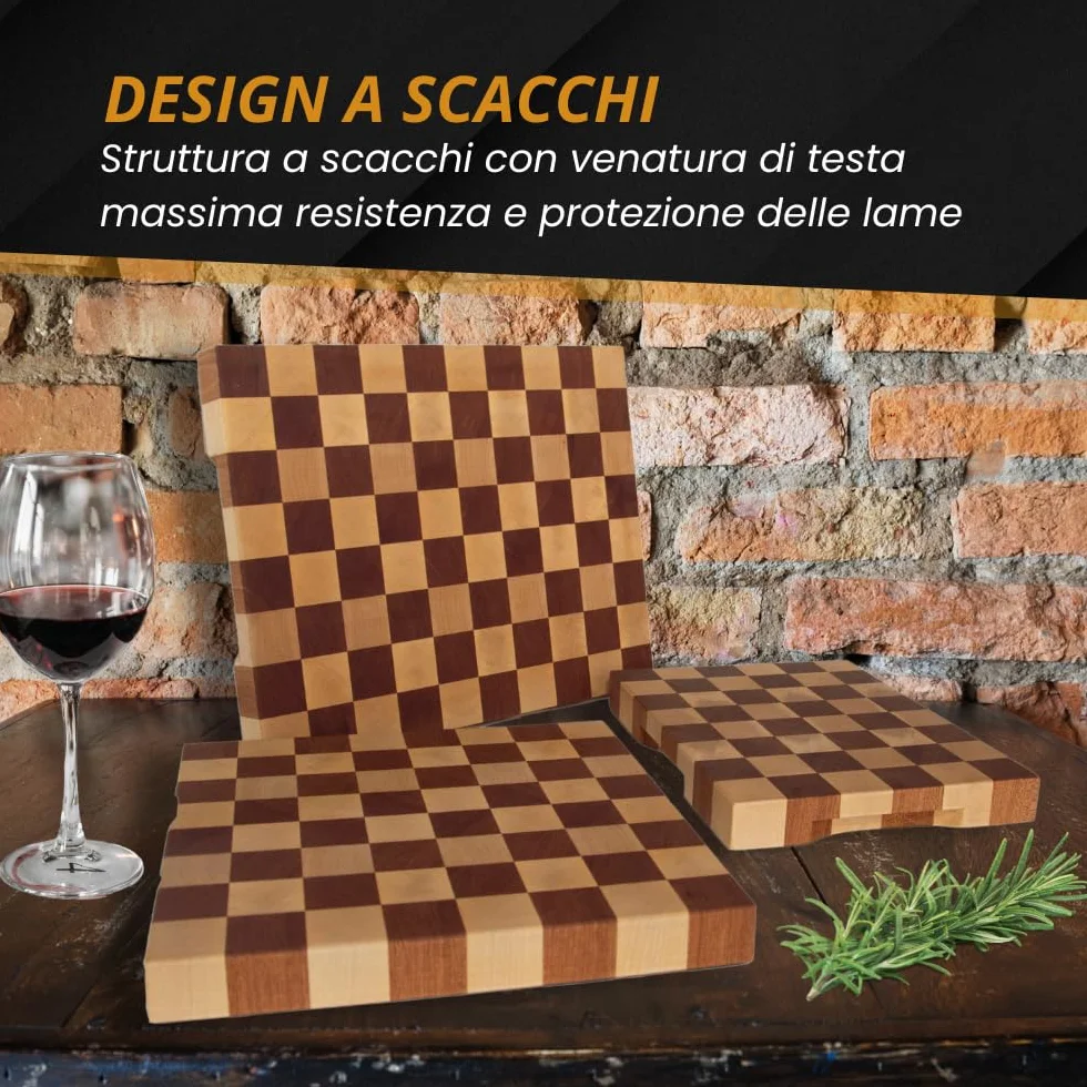 Arte del Legno, Tagliere da Cucina in Legno Professionale dim. 40x40xh4.5- con Venatura a Scacchi, Tagliere Massello di Acero e Mogano con Olio Naturale - Stabile e Antiscivolo