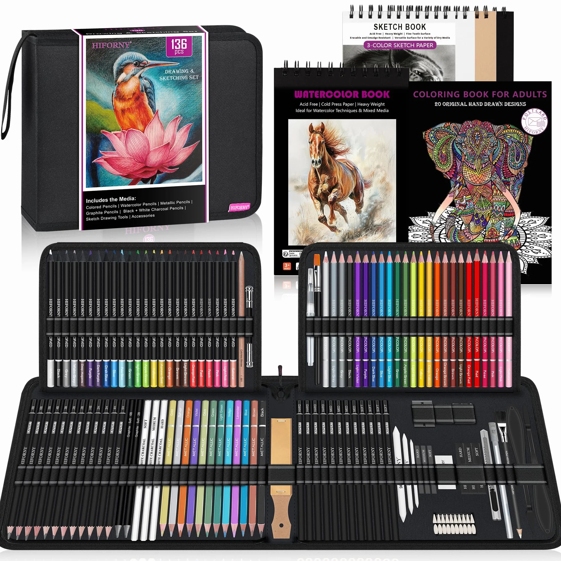 HIFORNY Set di Disegno e Schizzo da 136 Pezzi, Forniture Artistiche Professionali con Matite di Grafite, Carboncino, Colori, Acquerelli, Matite Metallizzate, Strumenti di Sfumatura e Altro(Nero)