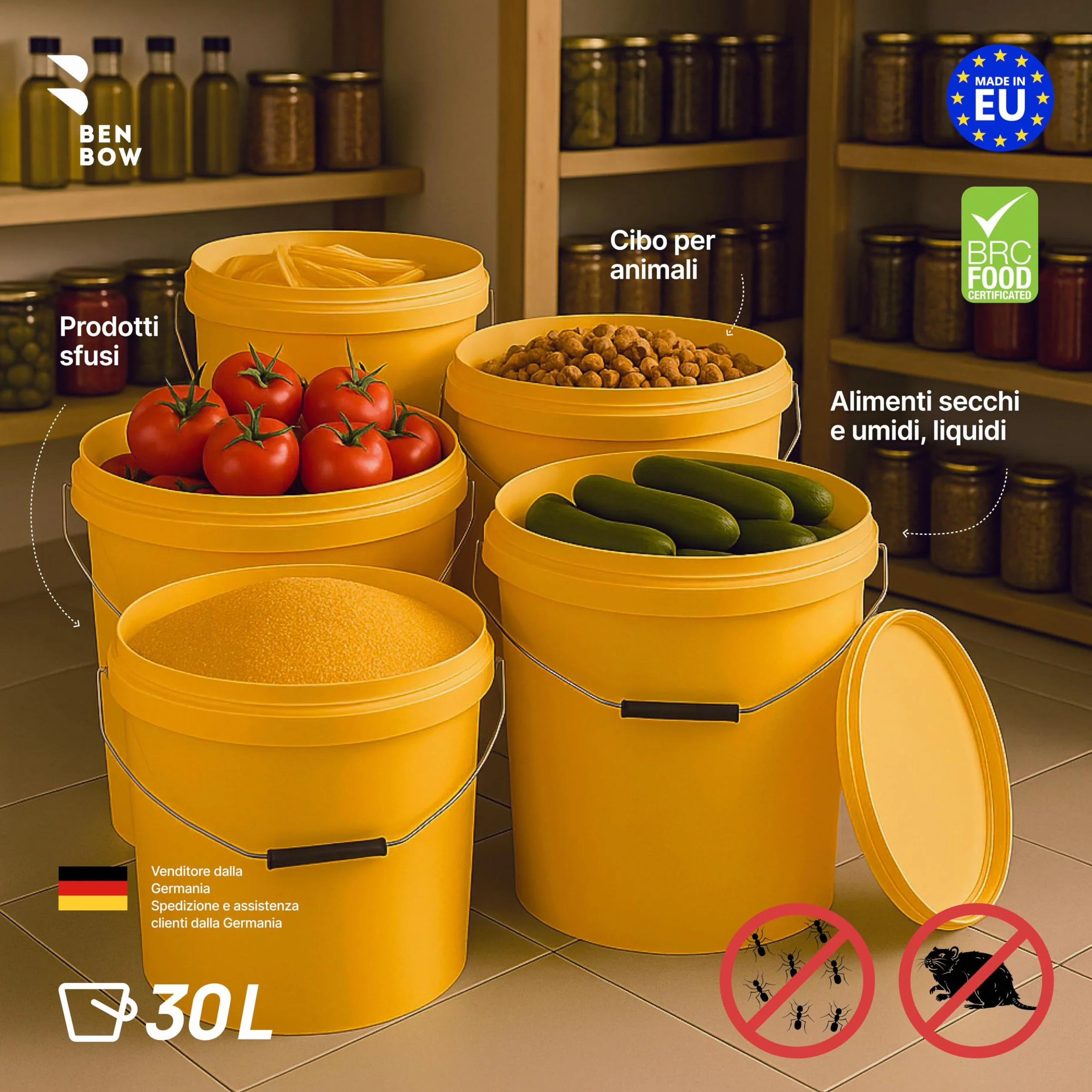 BenBow Secchio con coperchio, 30 l, giallo, 1 x 30 litri - Alimentare stabile ermetico a prova di perdite neutro inodore contenitore in plastica con manico in metallo vuoto - per uso domestico