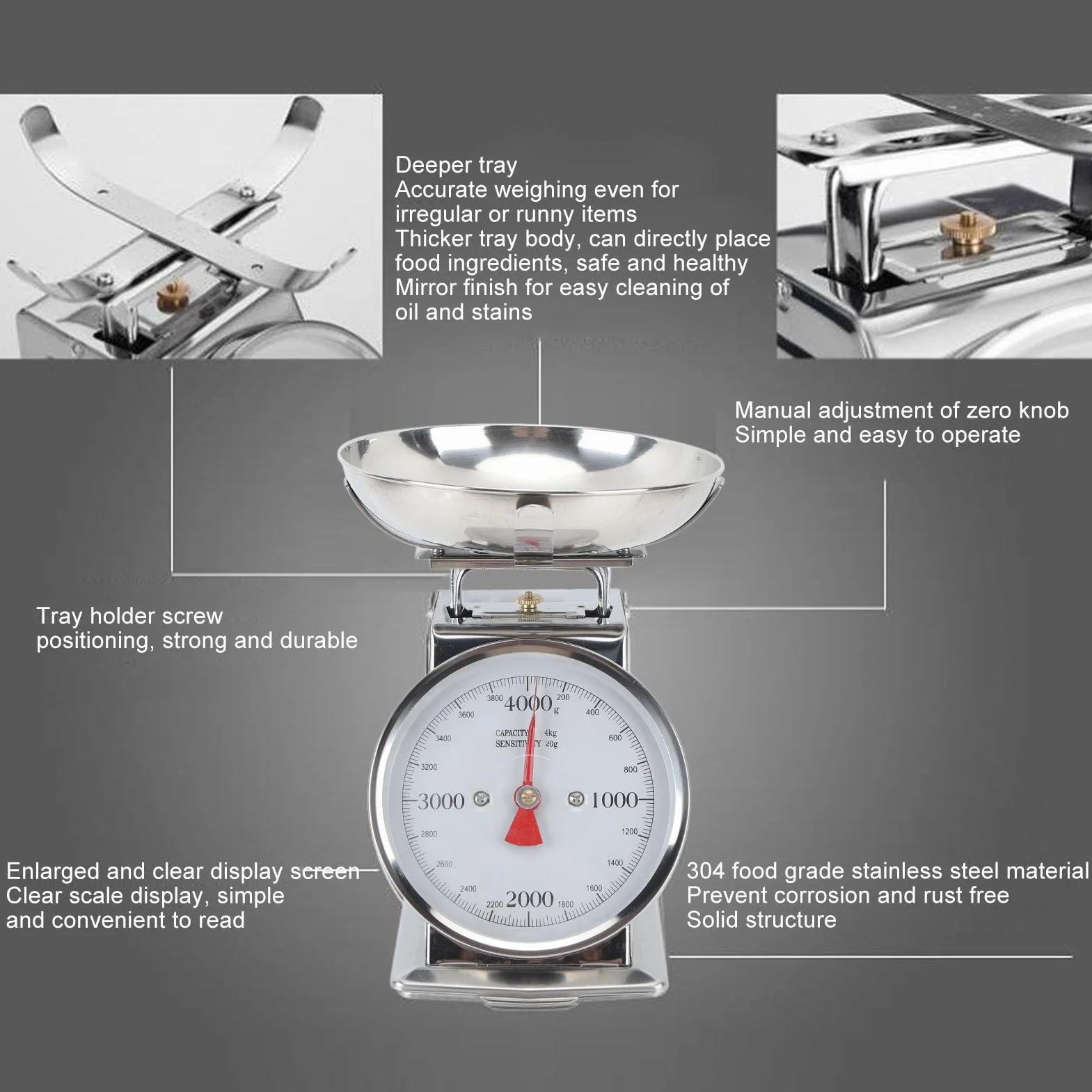 Tyenaza Bilancia da Cucina Meccanica, Tara Manuale, Bilancia per Alimenti con Quadrante in Acciaio Inossidabile ad Alta Precisione con Ciotola Rimovibile per la Cottura in Cucina (4KG)