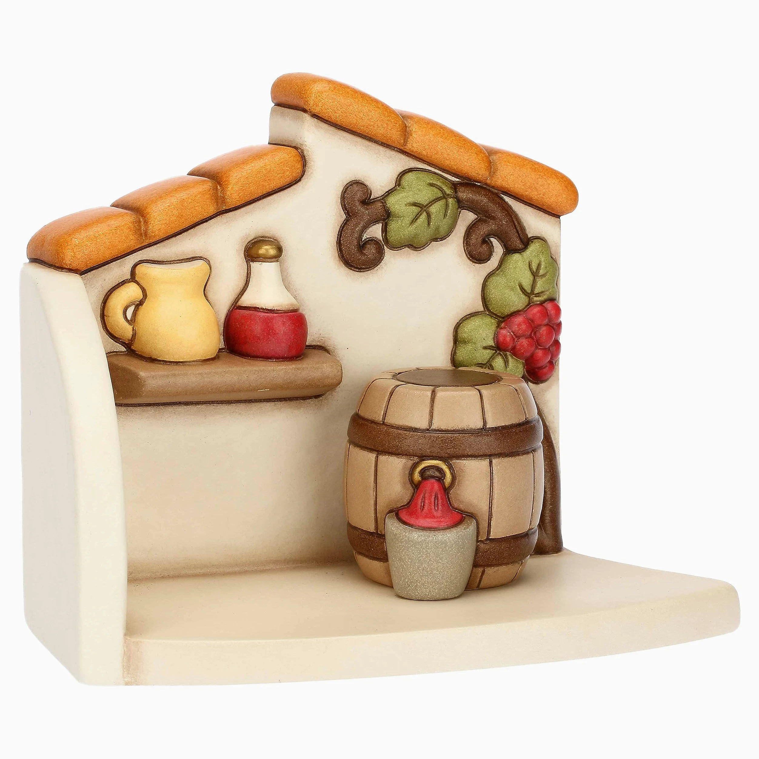 THUN - Bottega del Vino in Ceramica Decorata a Mano, Linea Presepe Classico, Decorazioni Natale Casa, Bottega 16x10x13 cm h; Botte 4.3x4.3x4.5 cm h