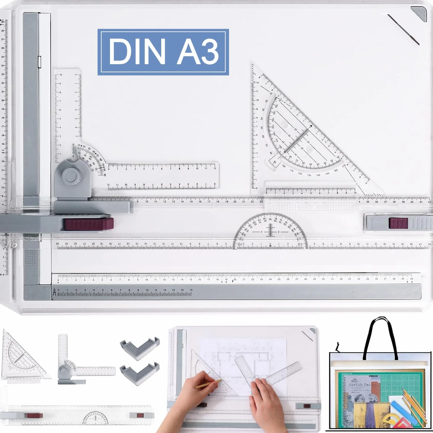 Tavola da Disegno A3 51 x 37 cm, Multifunzionale con Movimento Parallelo e Angolo Regolabile per Architetti, Ingegneri, Studenti