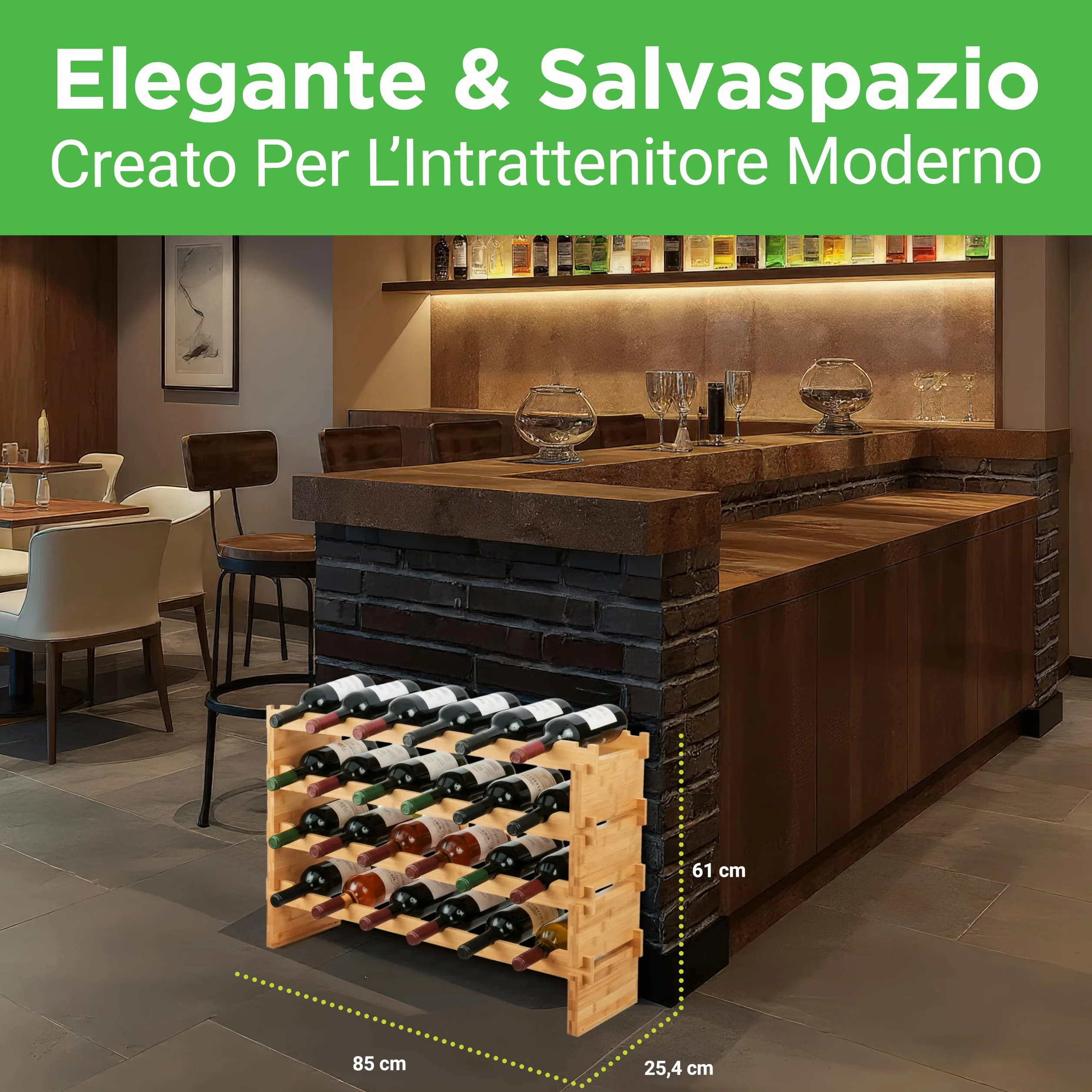 NutriChef Portabottiglie Vino Modulare in Bambù, Cantinetta Vino Legno Impilabile a 4 Ripiani per 24 Bottiglie Formato Magnum (Diametro 10 cm), Design a Croce 2x