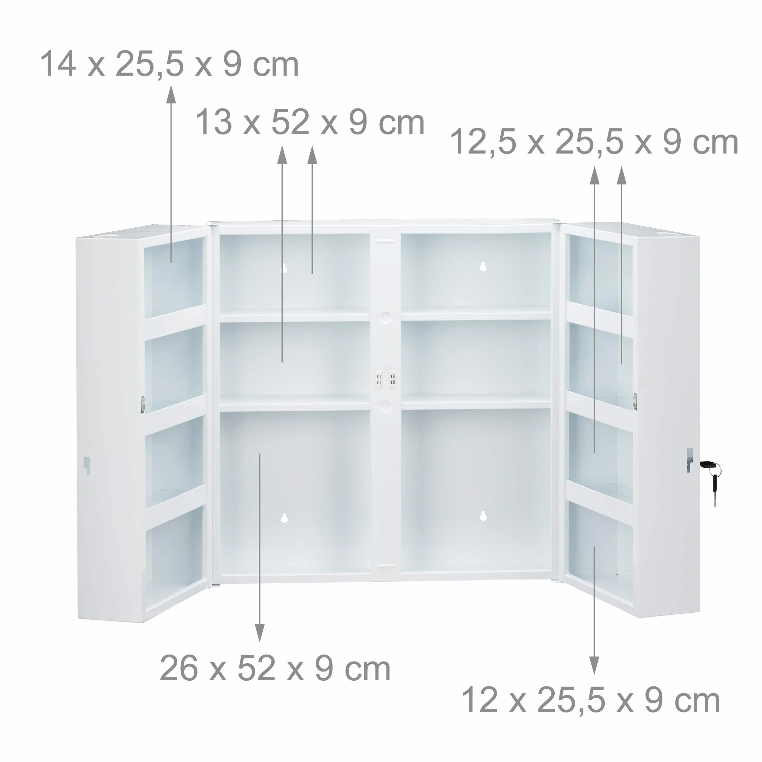 Relaxdays Armadietto Porta Medicinali XXL, 2 Ante, per Medicine, 11 Scomparti, Richiudibile, 53 x 52,5 x 19,5 cm, Bianco