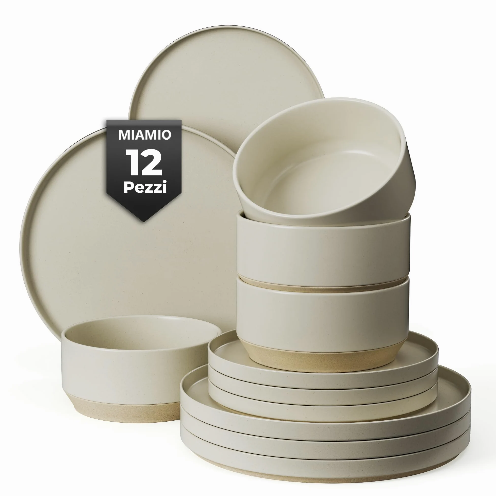 MIAMIO - Set di stoviglie per 4 persone/Set di stoviglie in pietra da 12 pezzi in beige/Lavastoviglie e microonde - Collezione Sierra (chiaro, (12x))