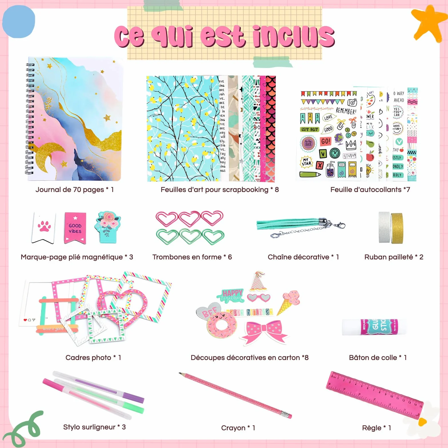 EDUMAN Scrapbook Accessorio Set, Bullet Junk Journal Set con Journaling Scrapbook Accessorio, A5 Raster Notebook, DIY Scrapbook Regalo per Ragazze (Rosa)