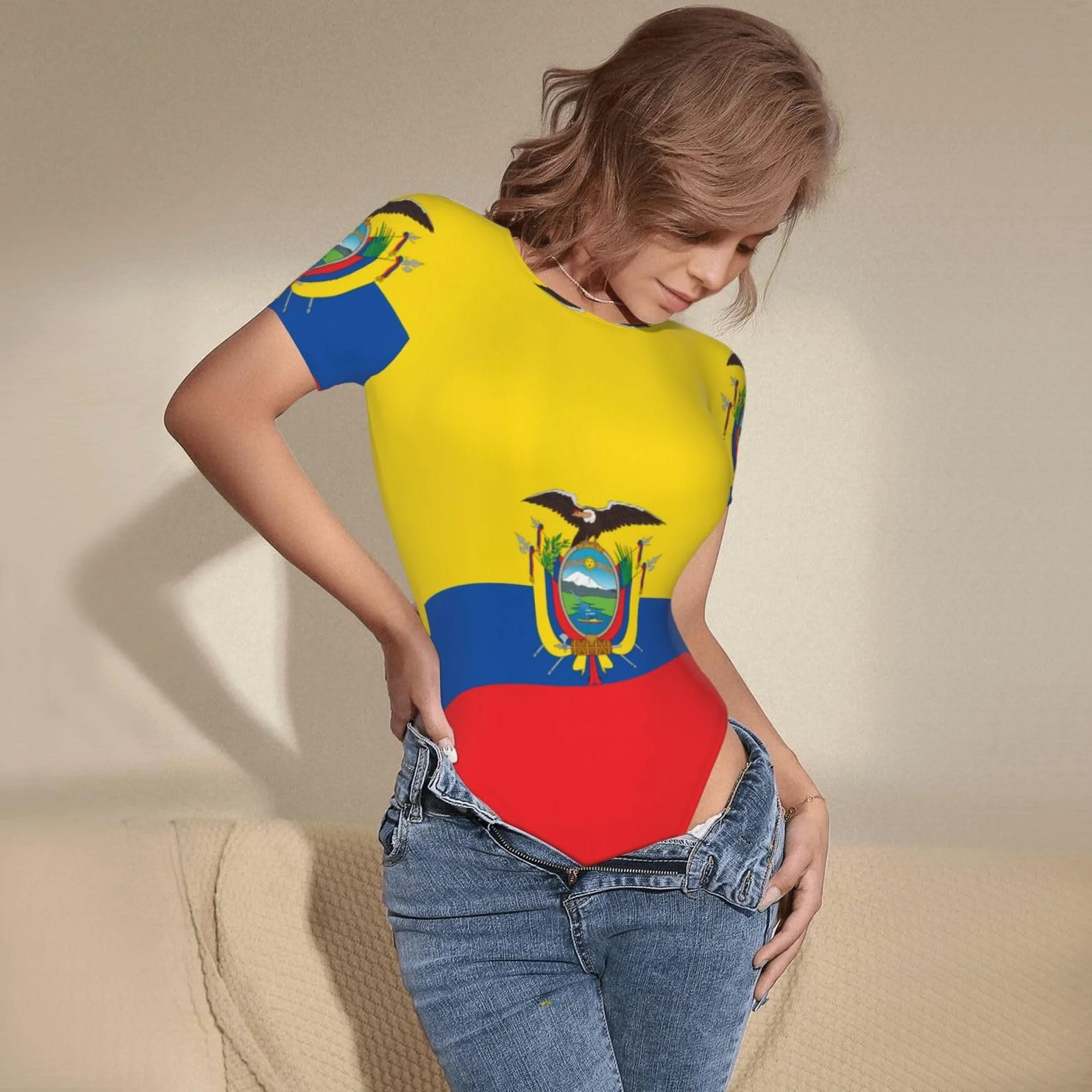Body estivo da donna con motivo bandiera dell'Ecuador, scollo rotondo, taglie S-XXL