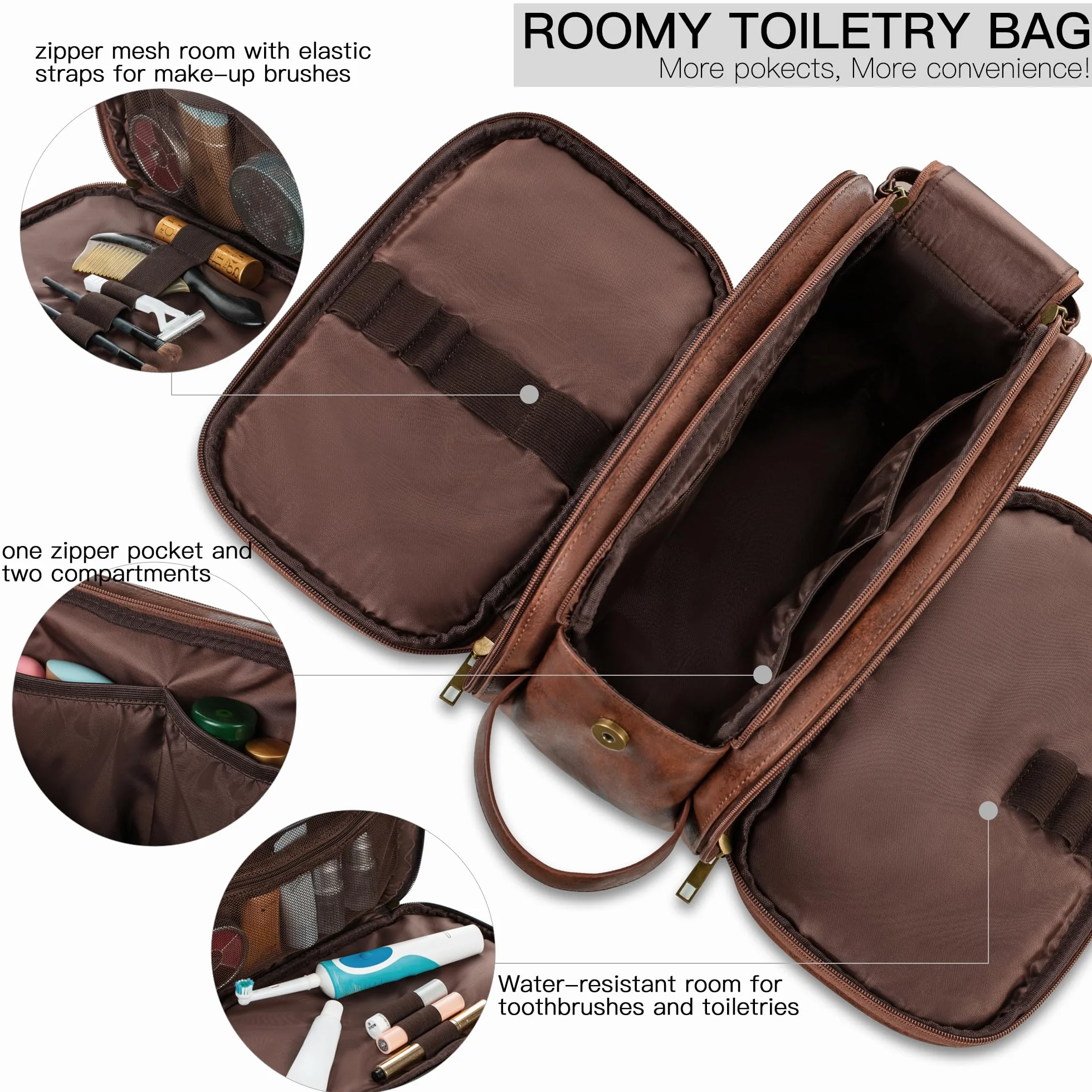 Elviros Borsa da Toilette Uomo Impermeabile in PU, Beauty Case Grande per Viaggio con Organizzatore, Borsa Igiene Personale per Palestra e Lavoro, Marrone scuro, 24 * 14 * 14cm